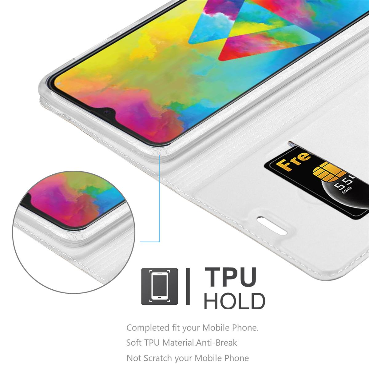Custodia per telefono con un telefono all'interno. La custodia è bianca e ha uno slot per schede. C'è il testo: TPU HOLD.