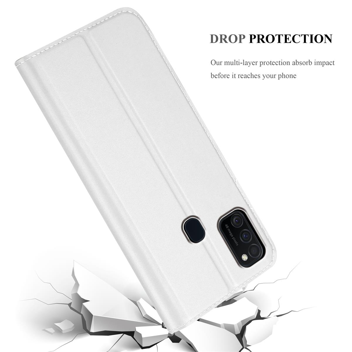 Custodia bianca, telefono dentro. Telefono angolato. Testo: Drop Protection. Sfondo bianco e crepato.