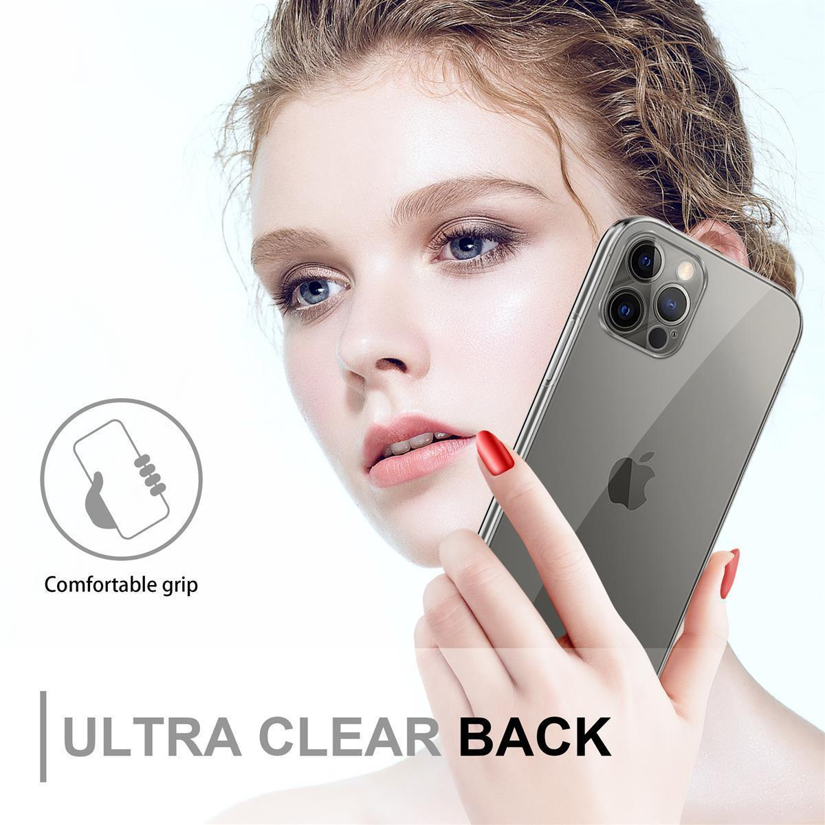 Eine Frau hält eine transparente Handyhülle. Das Telefon ist grau. Text sagt Ultra Clear Back. Der Hintergrund ist weiß.