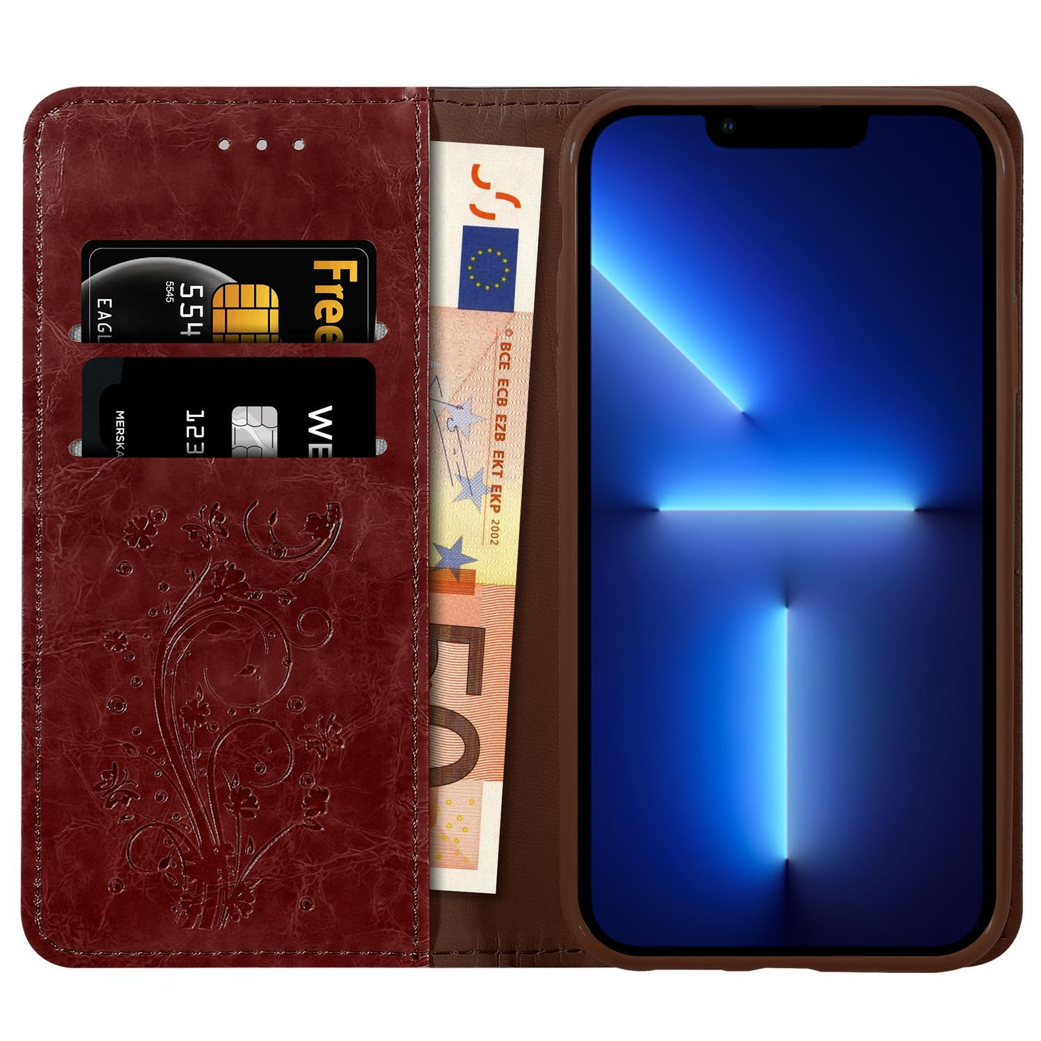 Geöffnete braune Handyhülle. Telefon mit Karten und Geld darin.