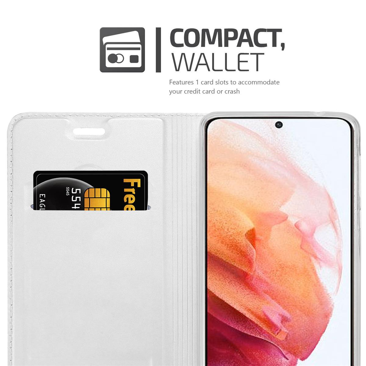 Weiße Handyhülle mit Kartenfach, hält eine Karte. Text: „Compact, Wallet“.