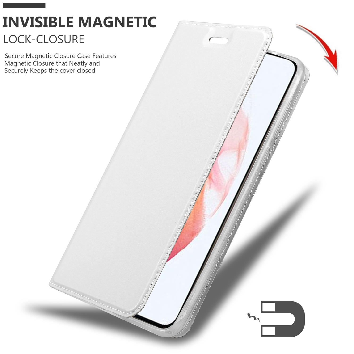 Weiße Handyhülle, mit Telefon. Magnetischer Verschluss ist geöffnet. Text: Invisible Magnetic Lock-Closure.