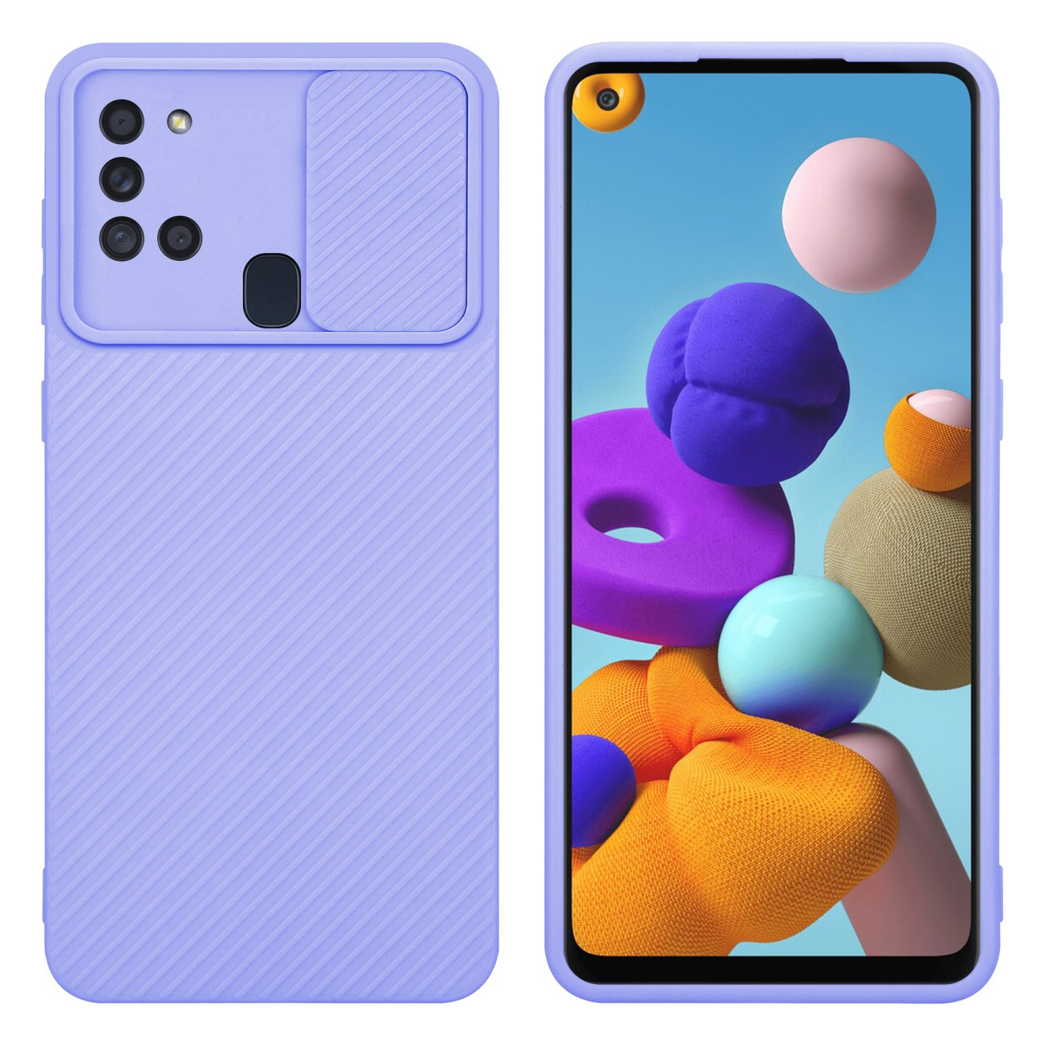 Lila Handyhülle mit Kameraabdeckung. Telefon zeigt farbenfrohes abstraktes Design.