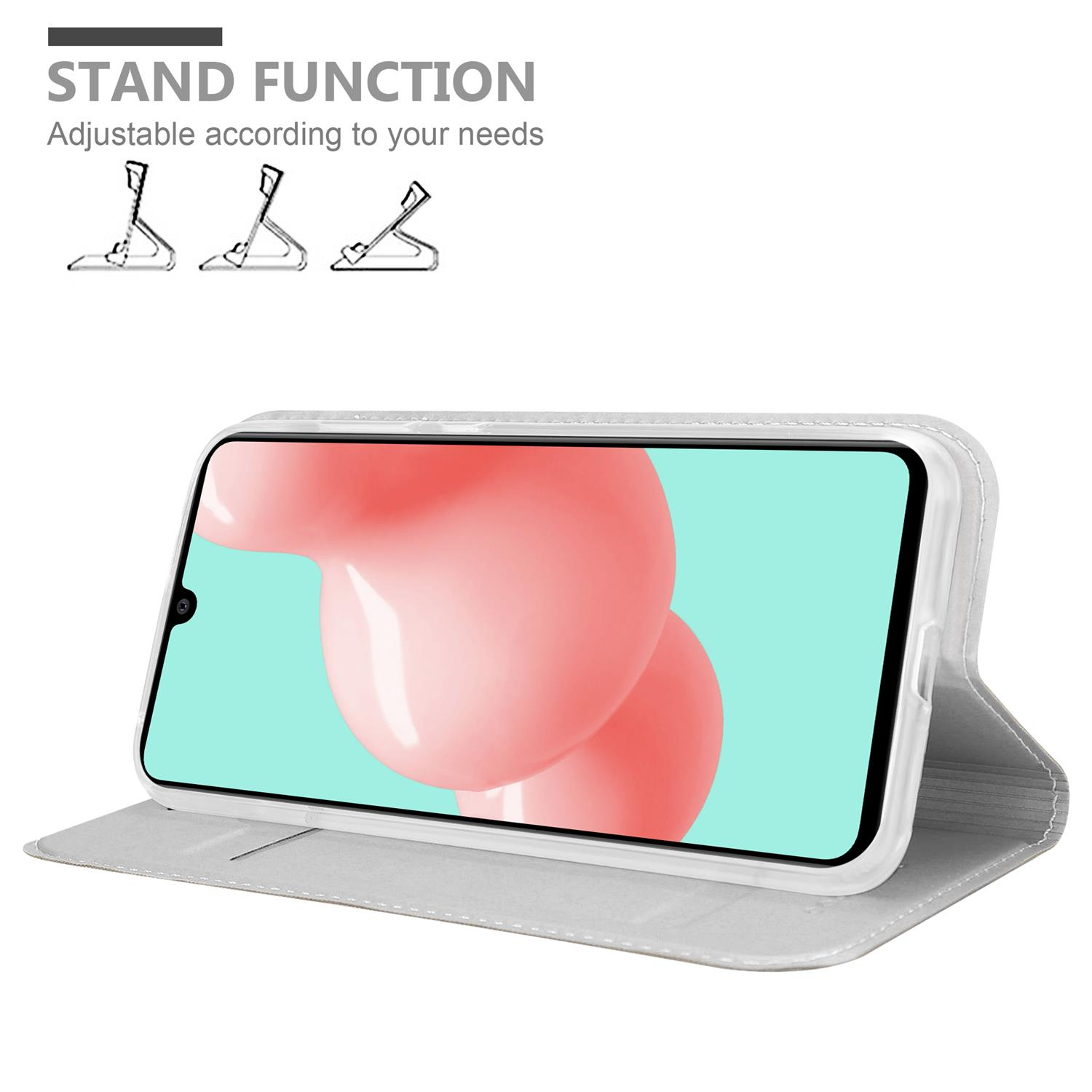 Telefon in einer Hülle mit Standfunktion. Das Telefon zeigt ein Bild. Text zeigt Standfunktionsoptionen.