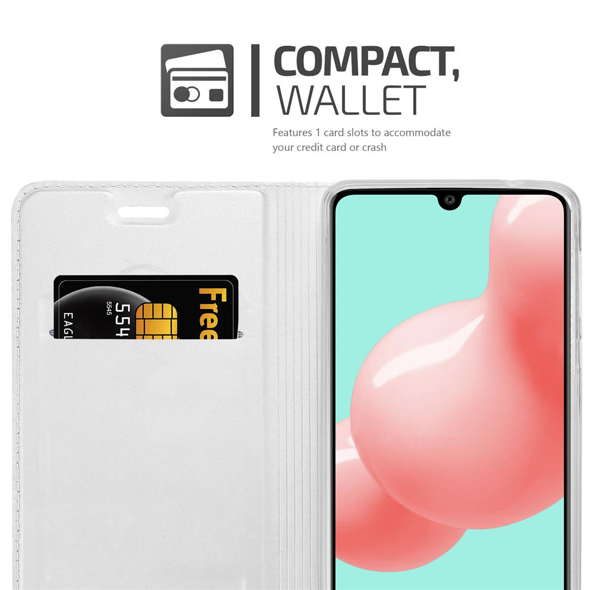 Weiße Handyhülle mit Kartenfach und Telefon, das einen rosa und hellblauen Bildschirm anzeigt.