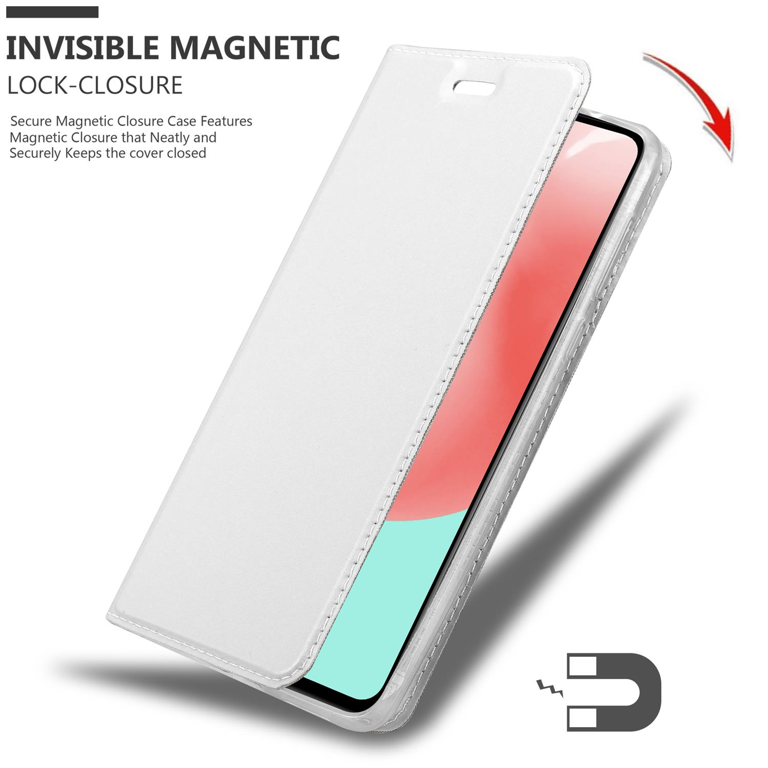 Weißes Handycase, offen, zeigt einen Telefonbildschirm. Ein Magnetsymbol in der unteren rechten Ecke.