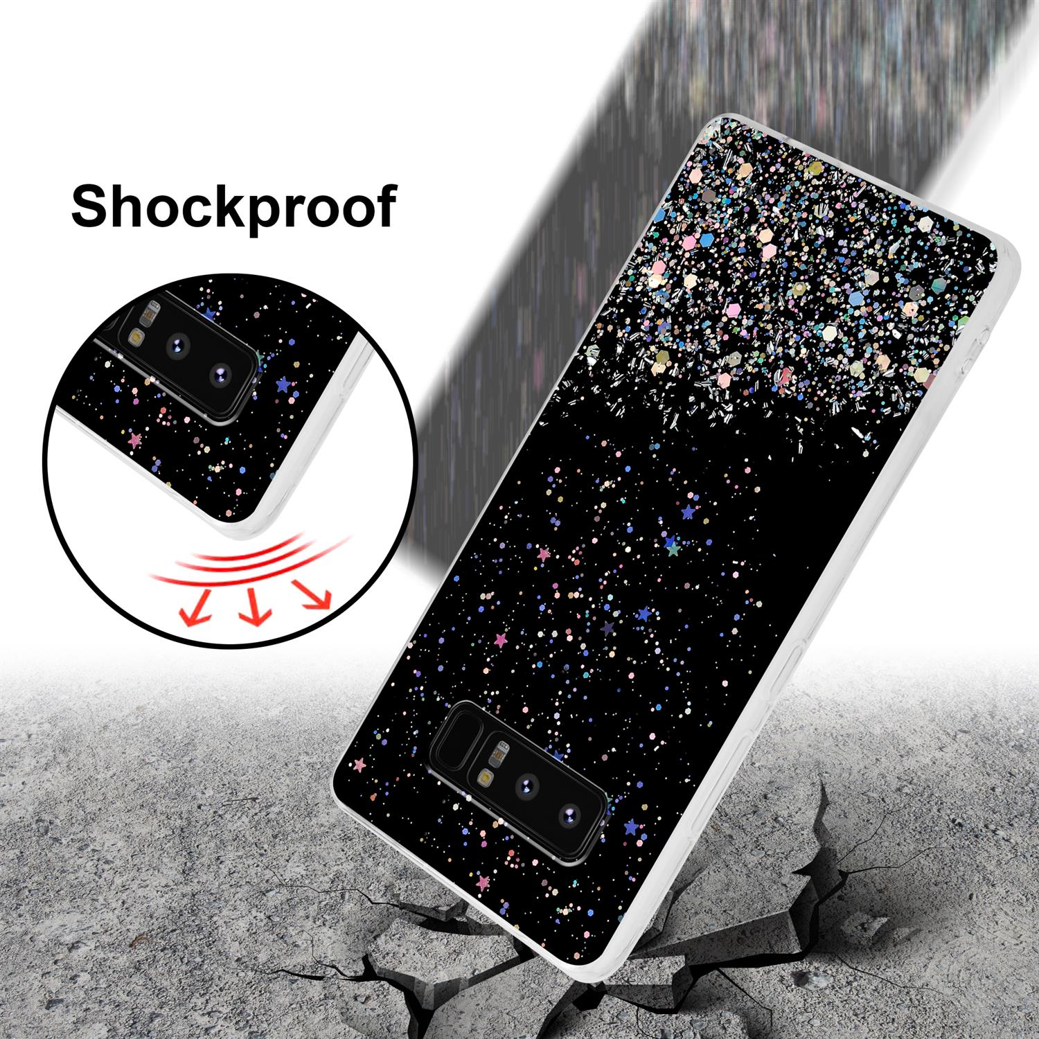 Schwarze Handyhülle mit Glitzer, zeigt Rückseite und Seiten.