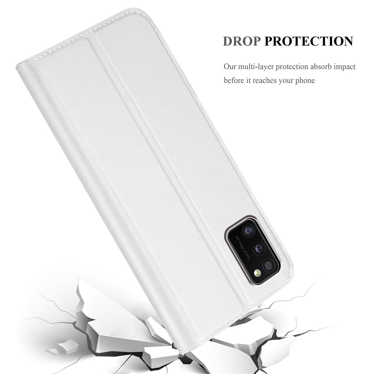 Weiße Handyhülle mit Telefon. Die Hülle ist auf dem Boden zerbrochen. Text: DROP PROTECTION.