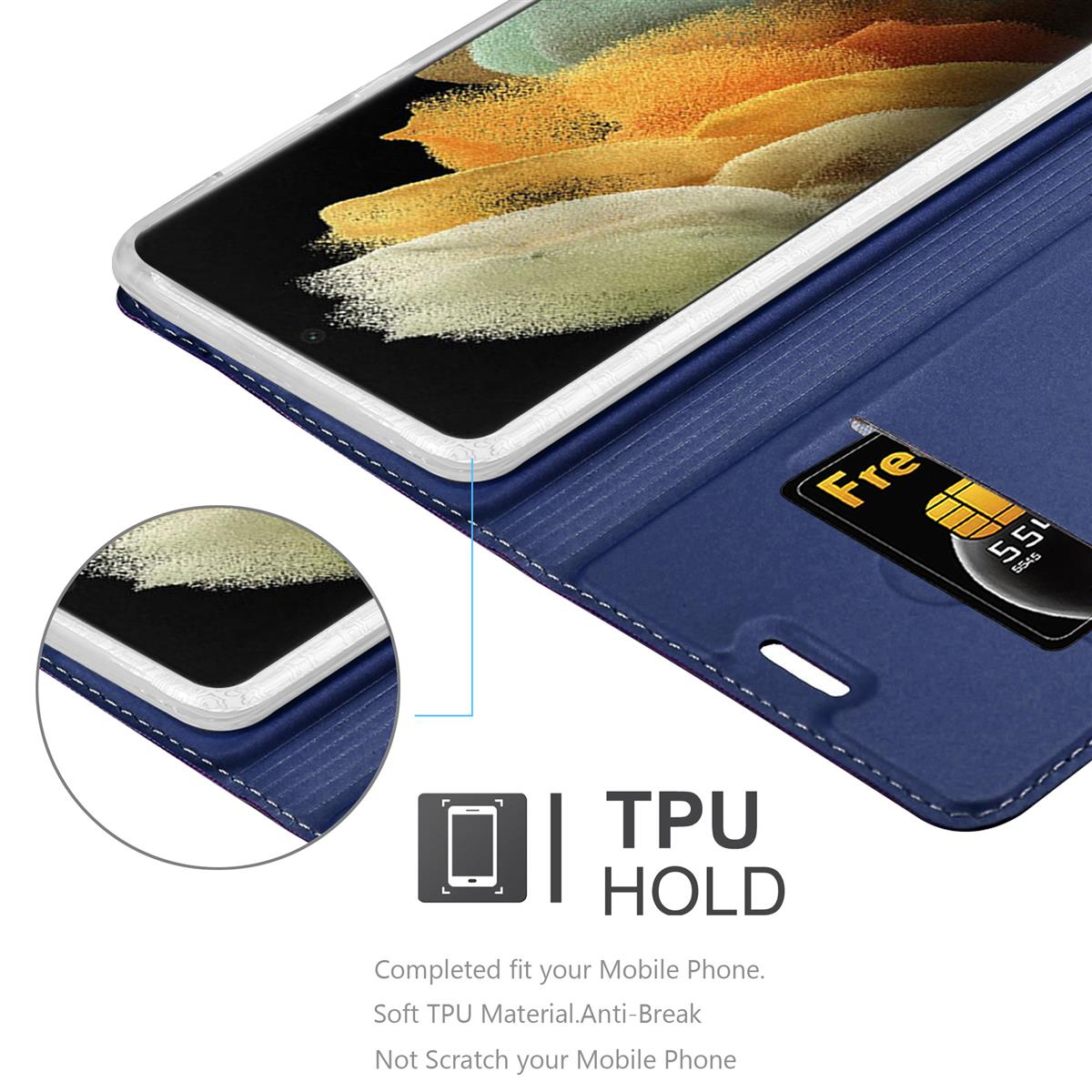 Blaue Handyhülle mit Telefon darin und einer Karte.