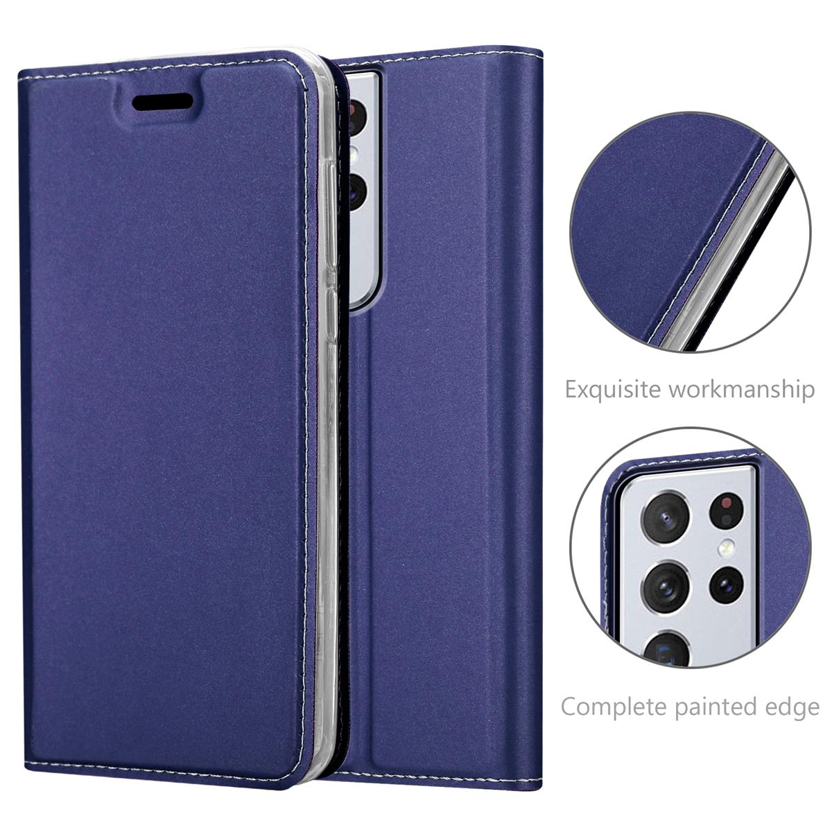 Zwei Ansichten einer blauen Handyhülle, ein Telefon darin. Details zeigen exquisite Verarbeitung und komplett lackierte Kante.