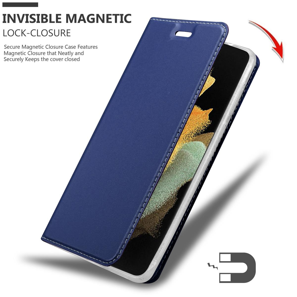 Blaue Handyhülle, geöffnet. Text: UNSICHTBARER MAGNETVERSCHLUSS. Ein Magnetsymbol ist sichtbar.