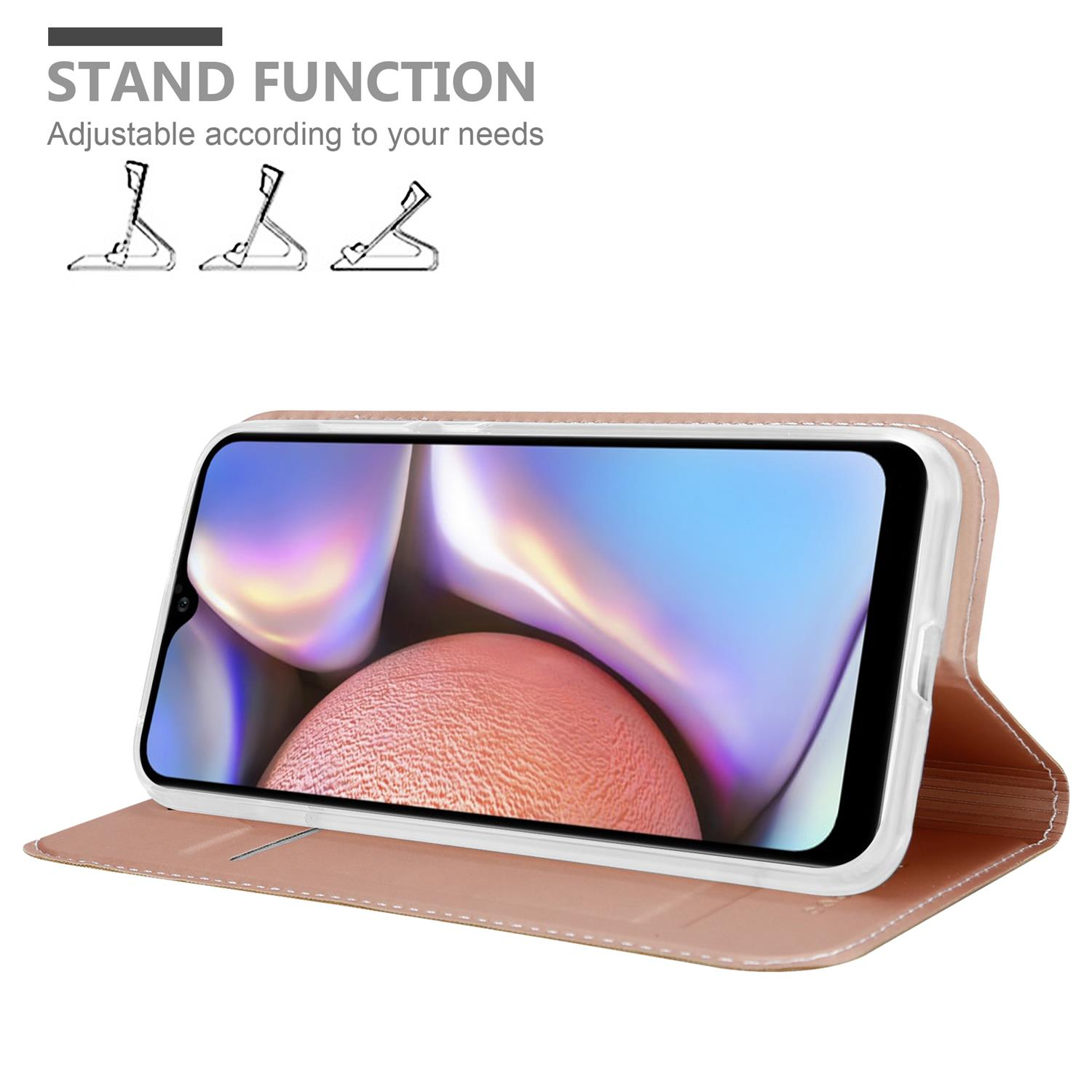 Telefon in einer Hülle mit Standfunktion. Das Telefon zeigt ein Bild. Text zeigt Standfunktionsoptionen.