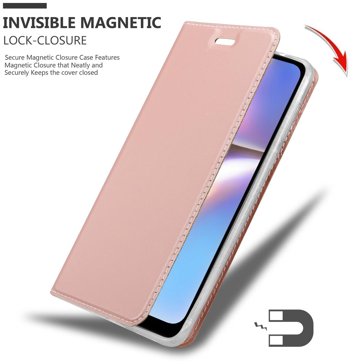 Rosafarbene Handyhülle geöffnet, zeigt ein Telefon. Der Deckel ist hochgeklappt.