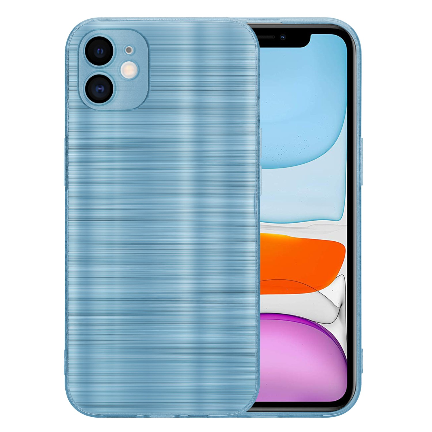 Custodia blu su sfondo bianco. Il telefono è di colore azzurro.