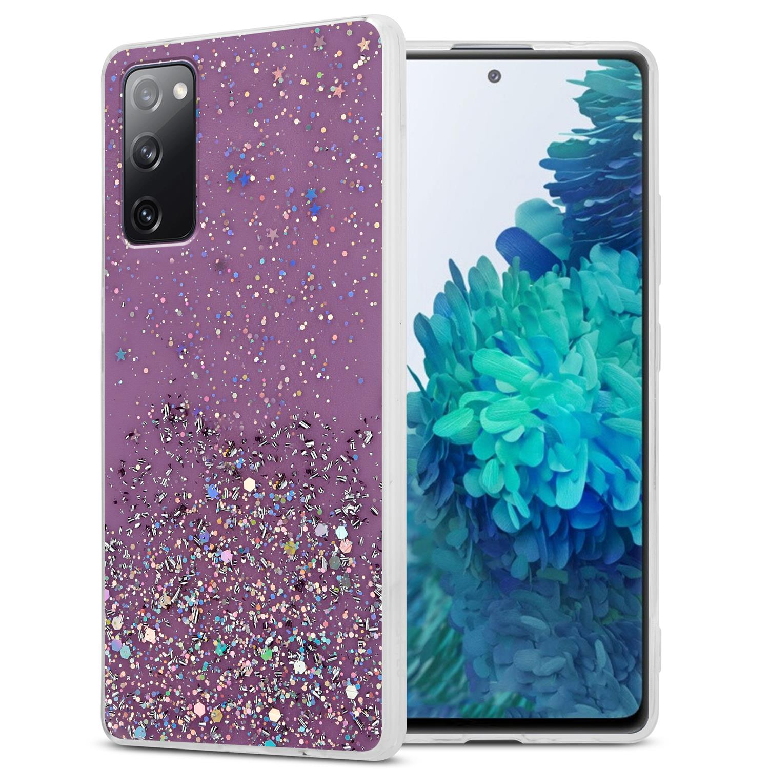Lila Handyhülle mit Glitzer. Telefon rechts.