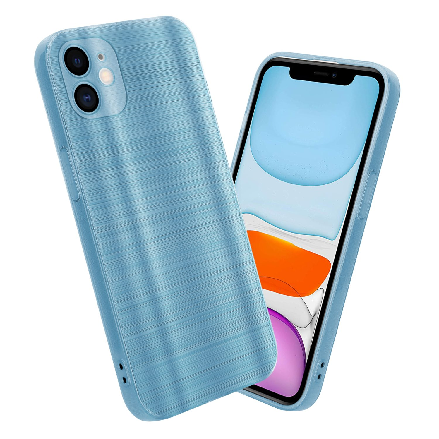 Custodia per telefono blu, con un telefono all'interno. La custodia ha un aspetto di metallo spazzolato. Sfondo bianco.