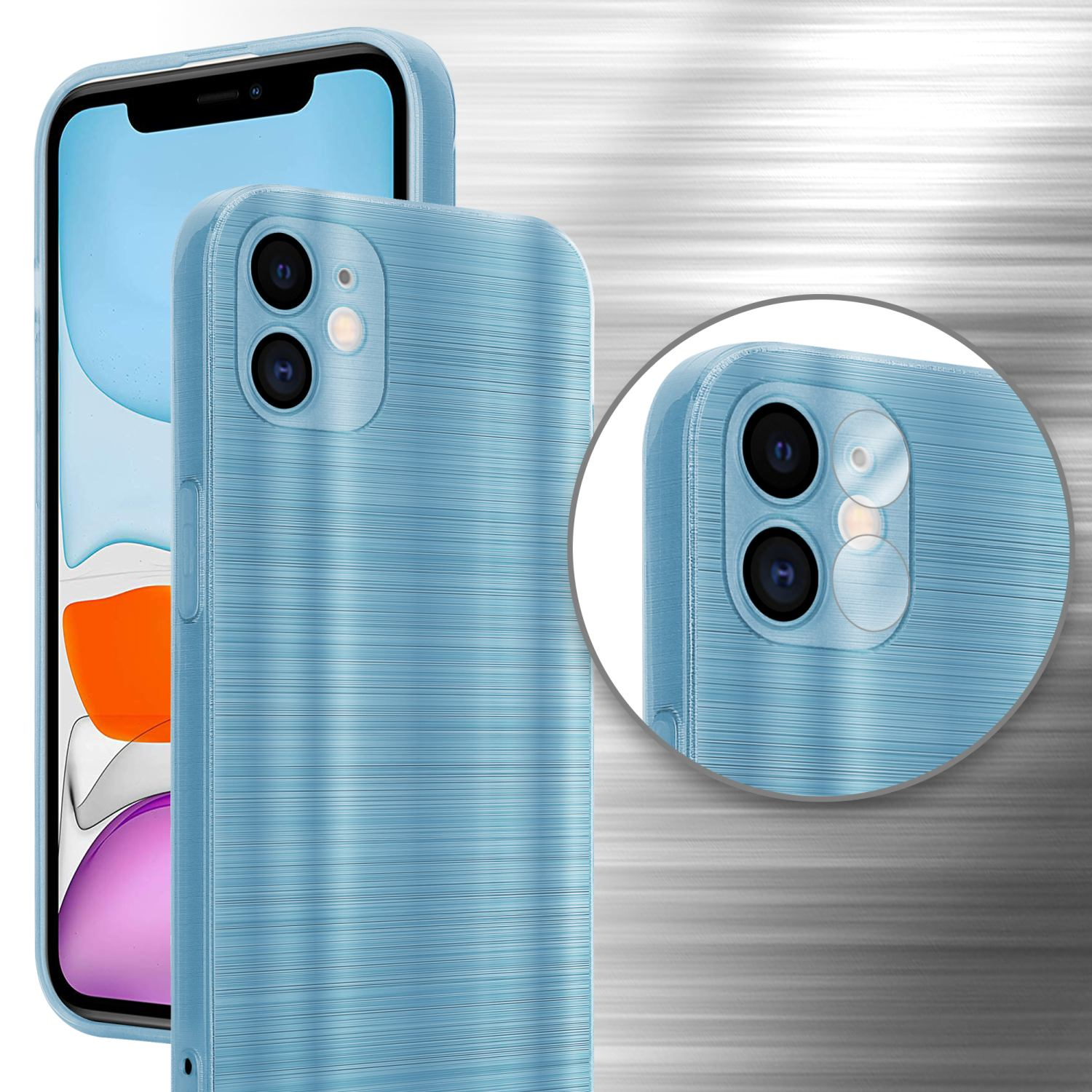 Custodia blu per telefono. Mostra il lato e il retro. Sfondo argentato.