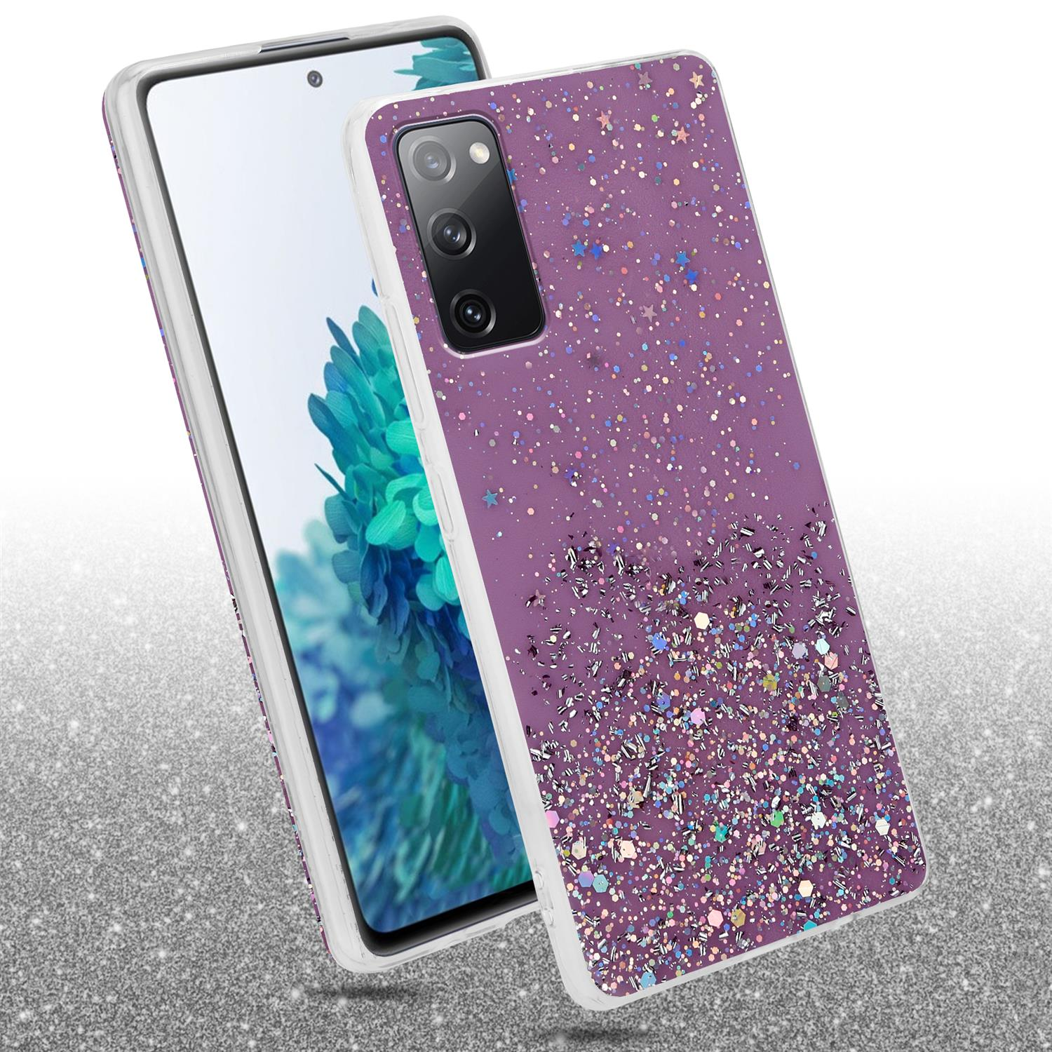 Eine Handyhülle mit lila Glitzerdesign, die ein Telefon hält. Die Hülle hat Sterne und Glitzer.