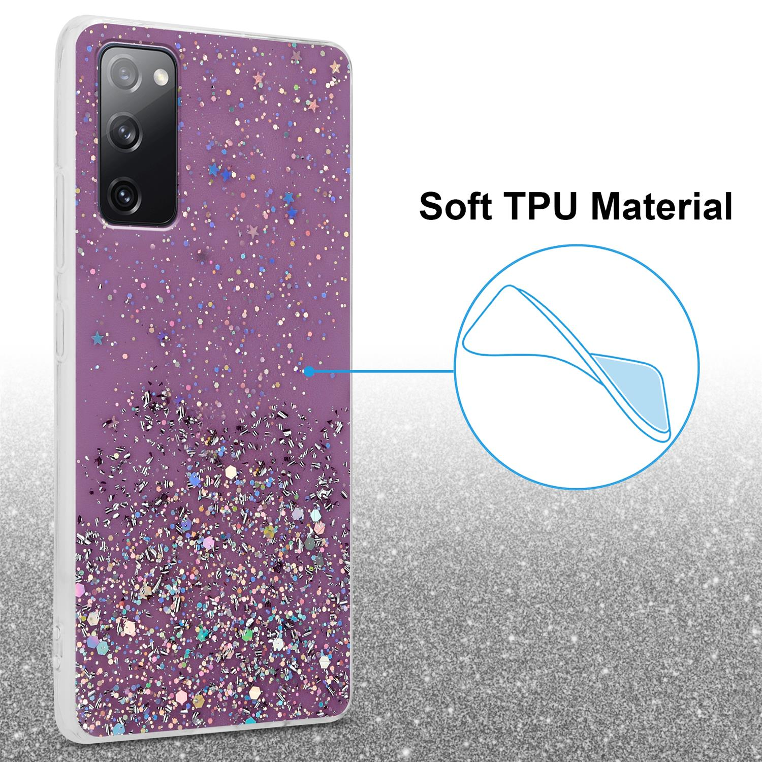 Lila Handyhülle mit Glitzereffekt. Text: Weiches TPU-Material. Hülle auf glitzerndem Hintergrund.
