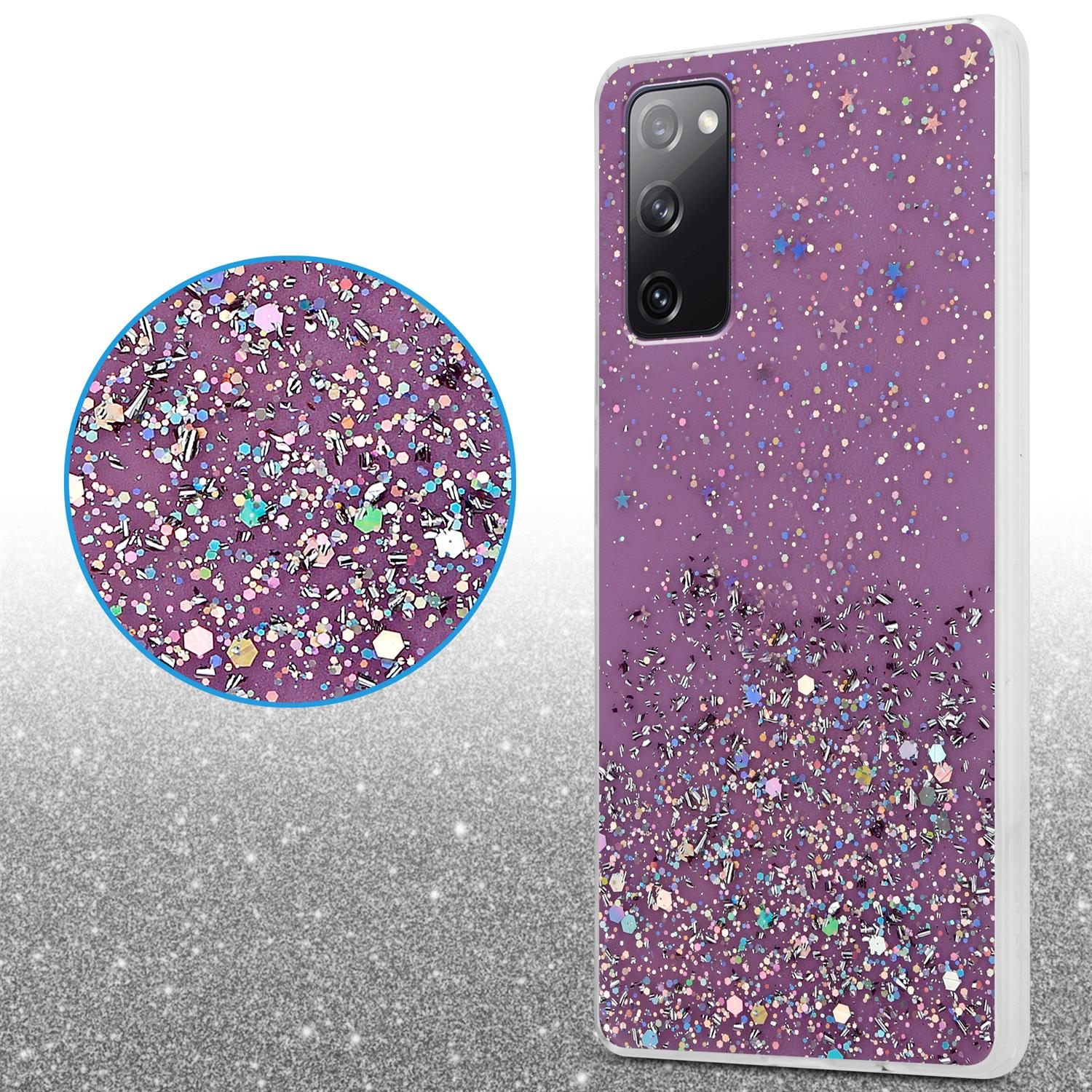 Eine lila Handyhülle mit Glitzer. Ein Kreis mit Glitzer befindet sich auf der Handyhülle.