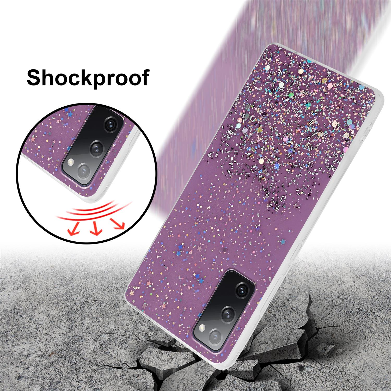 Eine Handyhülle mit Glitzerdesign, die fallen gelassen wird, ein Telefon zeigend.