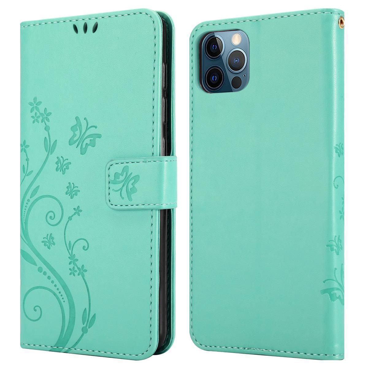 Türkis Handyhülle mit floralem Design. Geschlossenes Case, zeigt Schmetterlinge und florale Details.