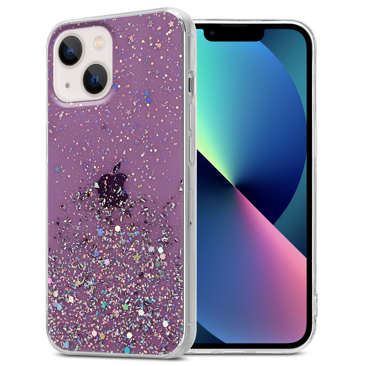 Lila Handyhülle mit Glitzer und Apple-Logo. Ein Telefon befindet sich in der Hülle.