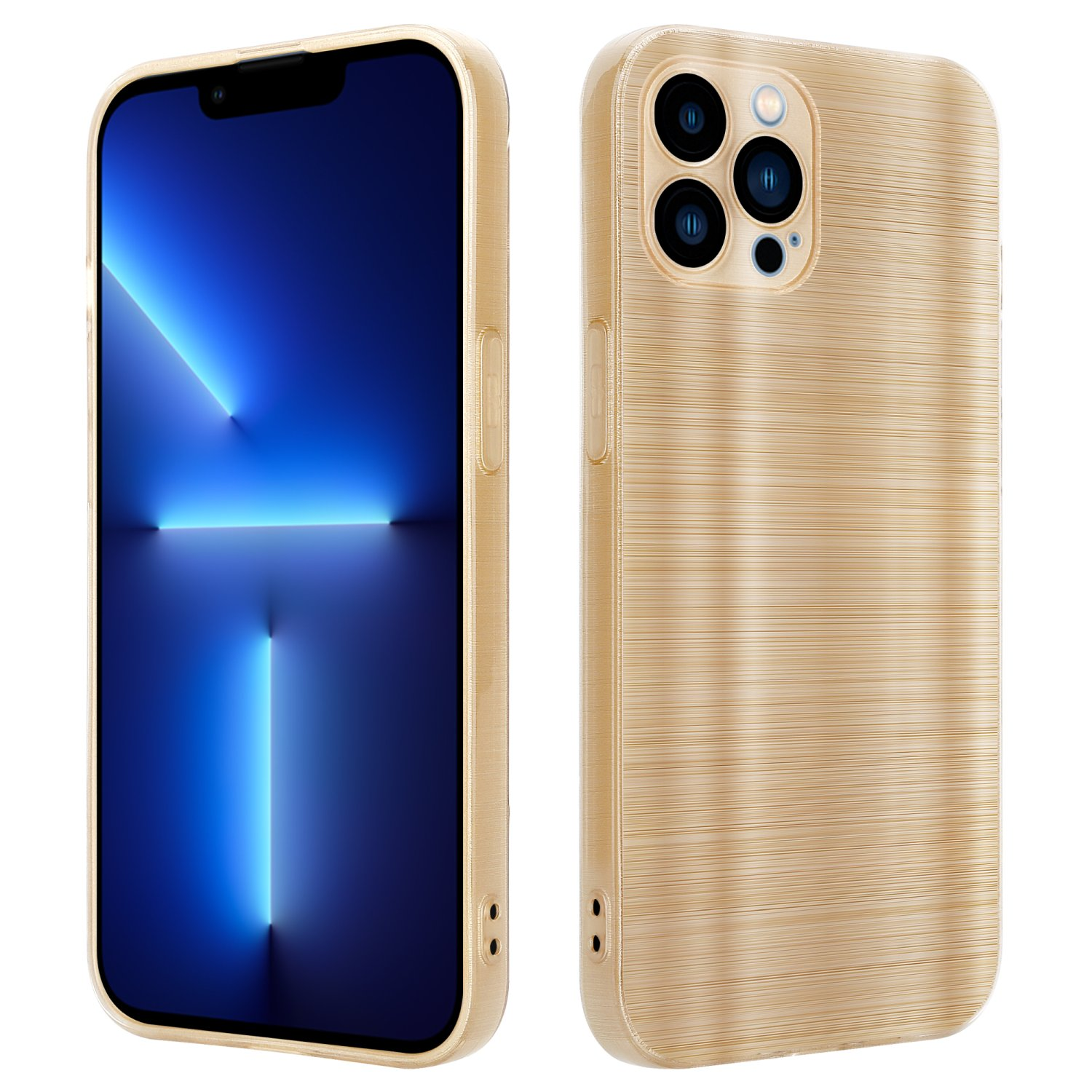 Goldenes Handycase mit einem Telefon darin. Das Case hat eine gebürstete Metallstruktur auf der Rückseite.