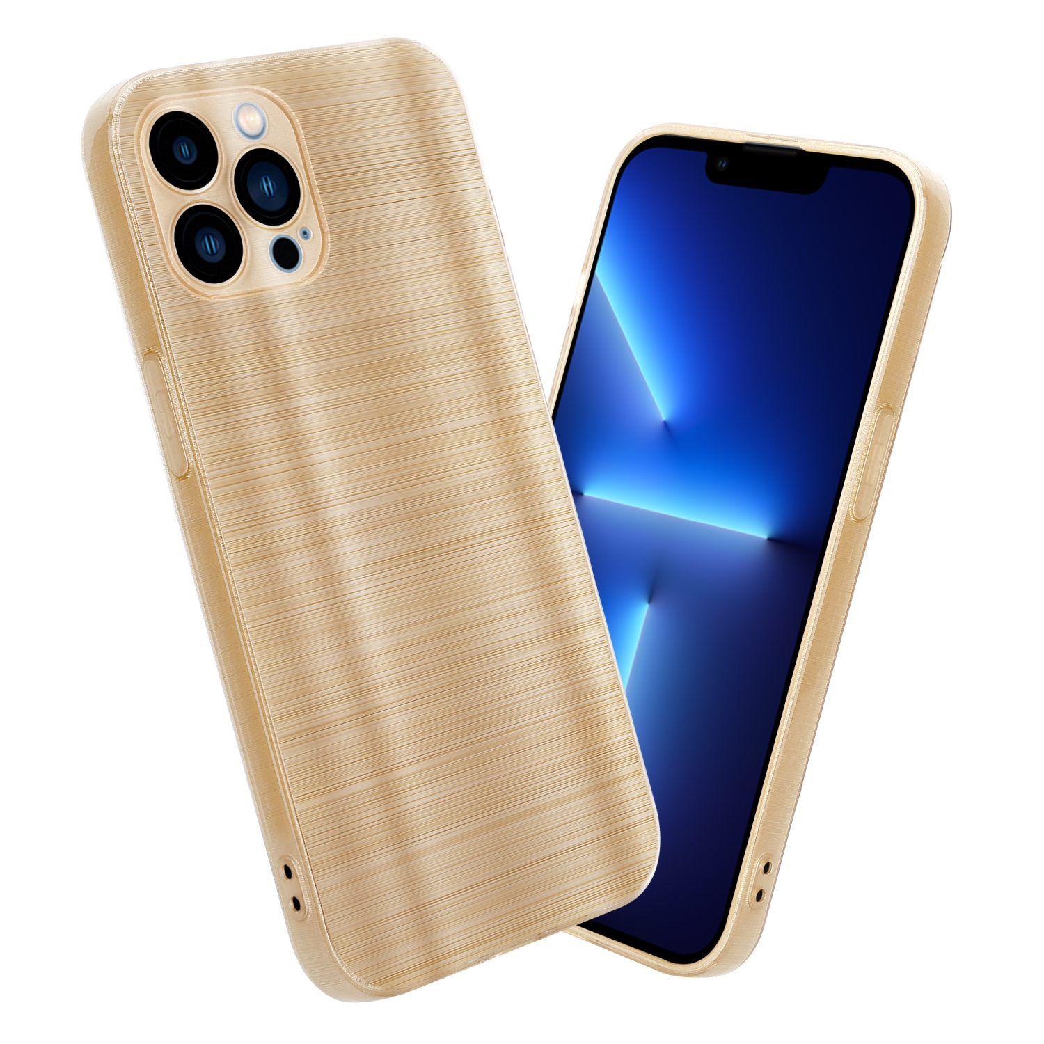 Ein Telefon in einer goldenen Hülle, zwei Hüllen werden gezeigt. Der Bildschirm des Telefons zeigt ein blaues Bild.