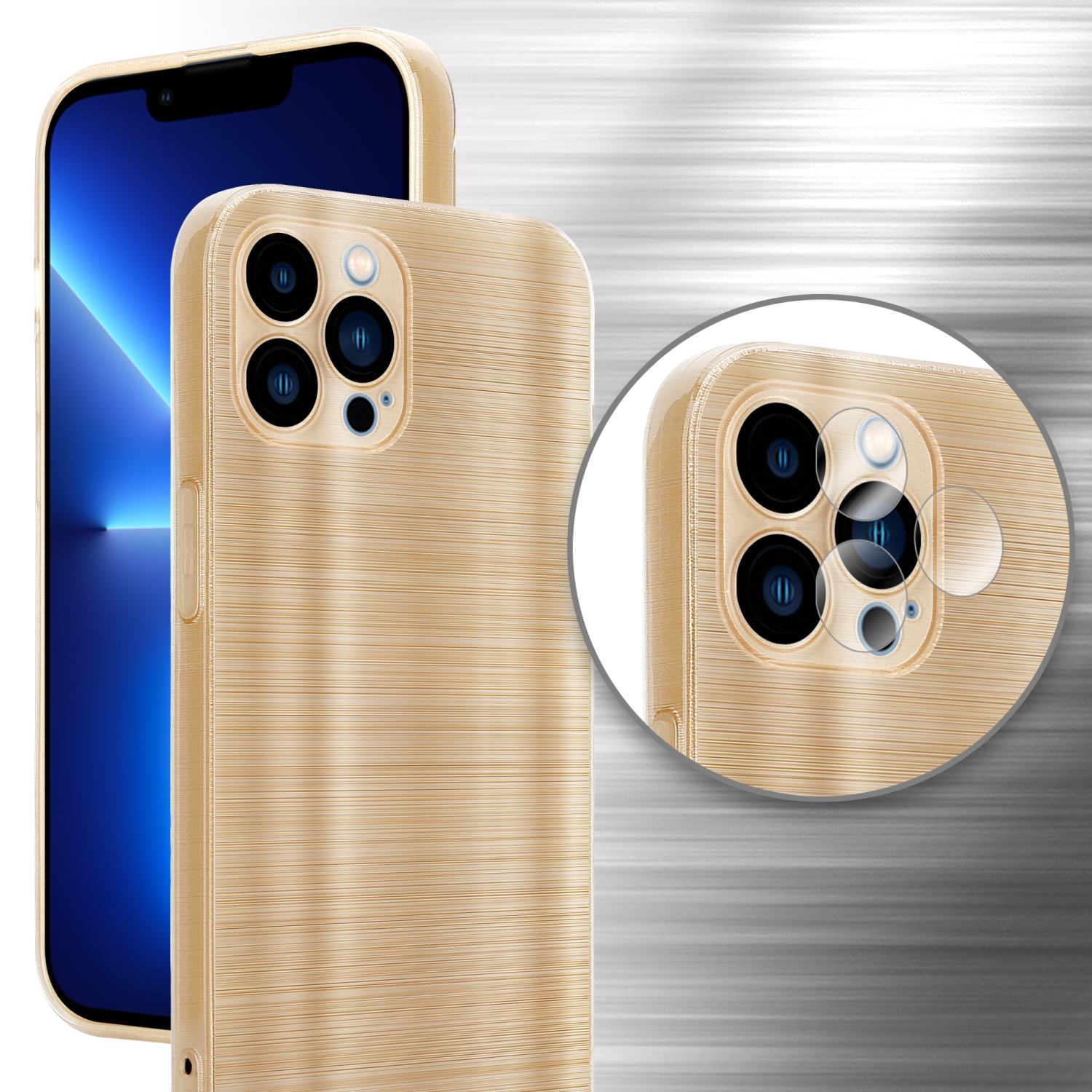 Goldene Handyhülle mit einem Telefon. Eine kreisförmige Nahaufnahme des Kamerabereichs wird gezeigt. Metallhintergrund.