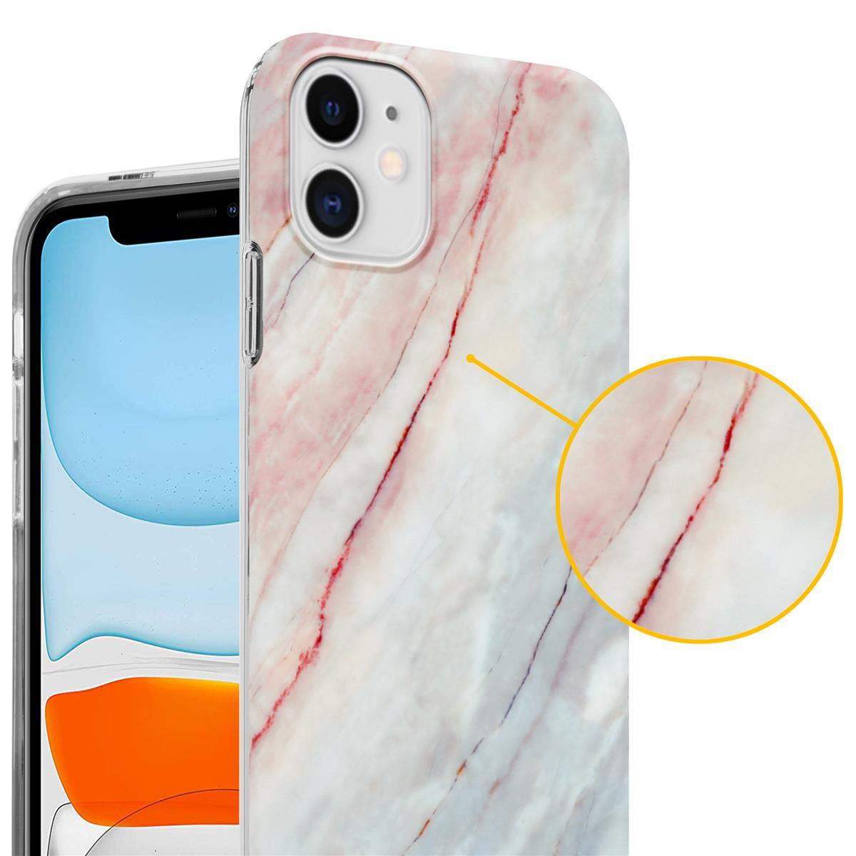 Una custodia per telefono con un design marmoreo, che mostra la custodia e il telefono all'interno. Linee rosse attraversano il marmo.