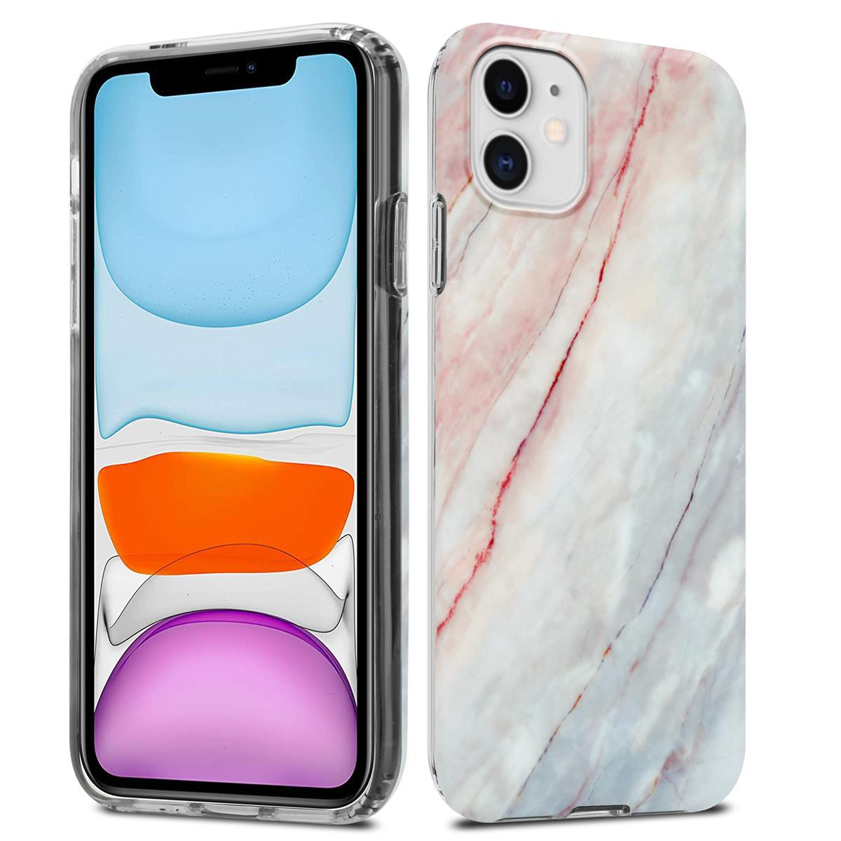 Due telefoni: uno con un design in marmo rosa e uno con uno schermo colorato.