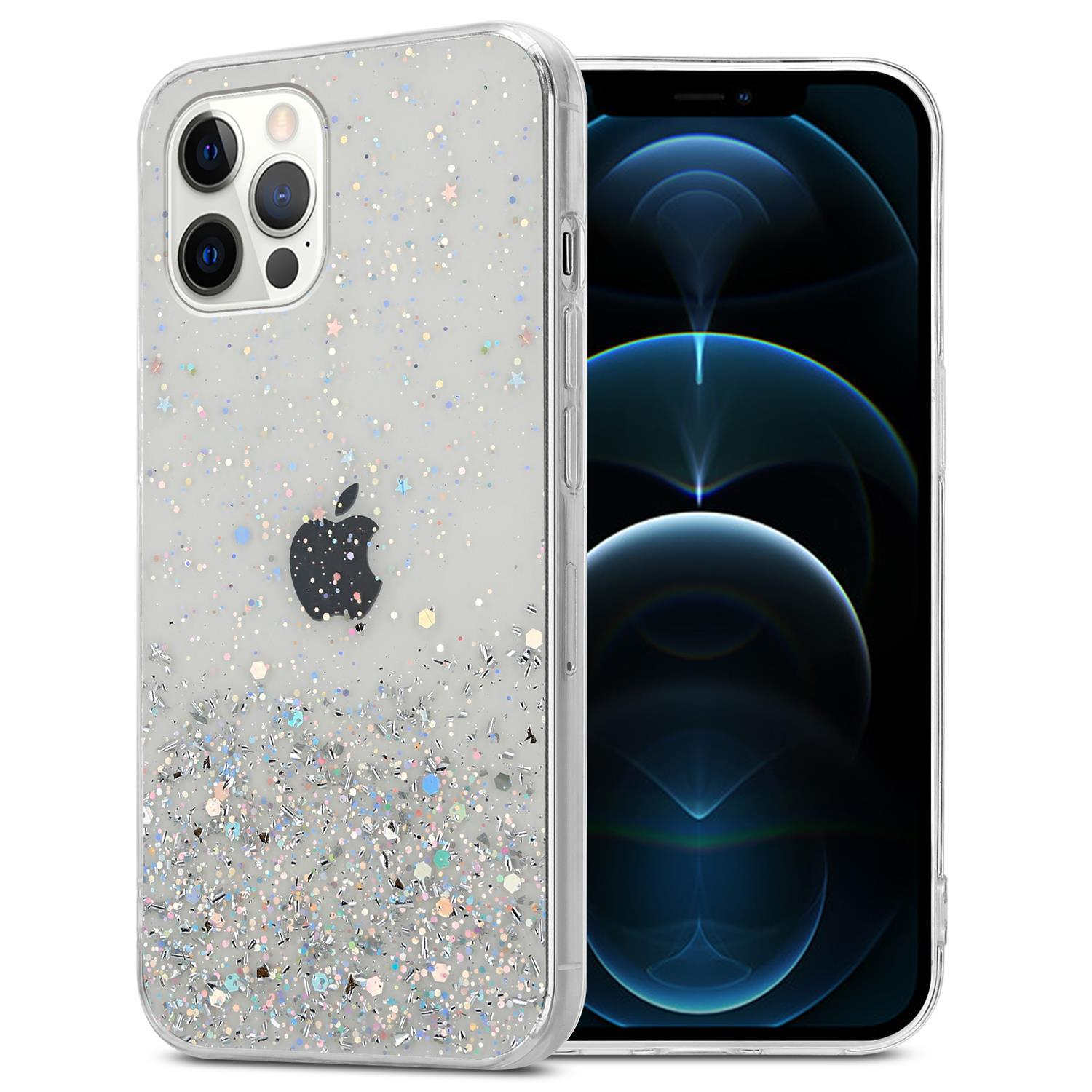 Transparente Handyhülle mit Glitzer und Apple-Logo. Das Telefon ist sichtbar.