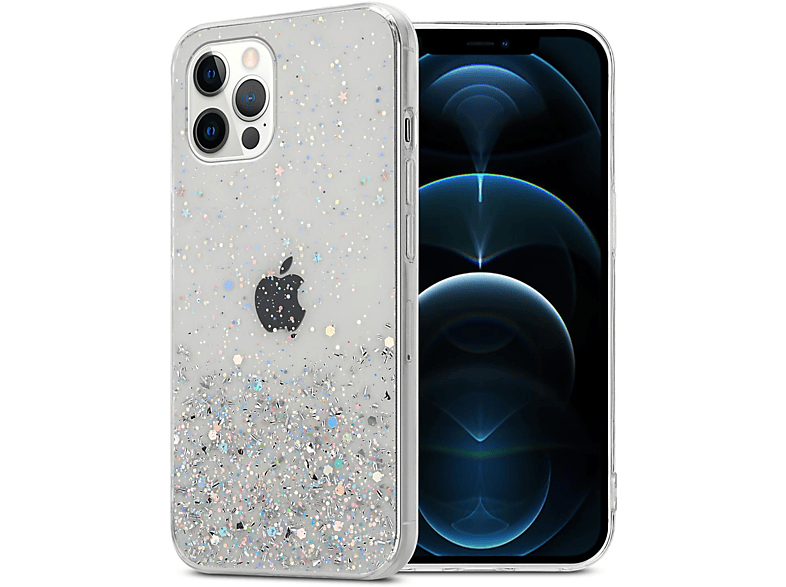 CADORABO Schutzhülle mit funkelnden Glitter, Backcover, Apple, iPhone 12 / 12 PRO, Transparent mit Glitter