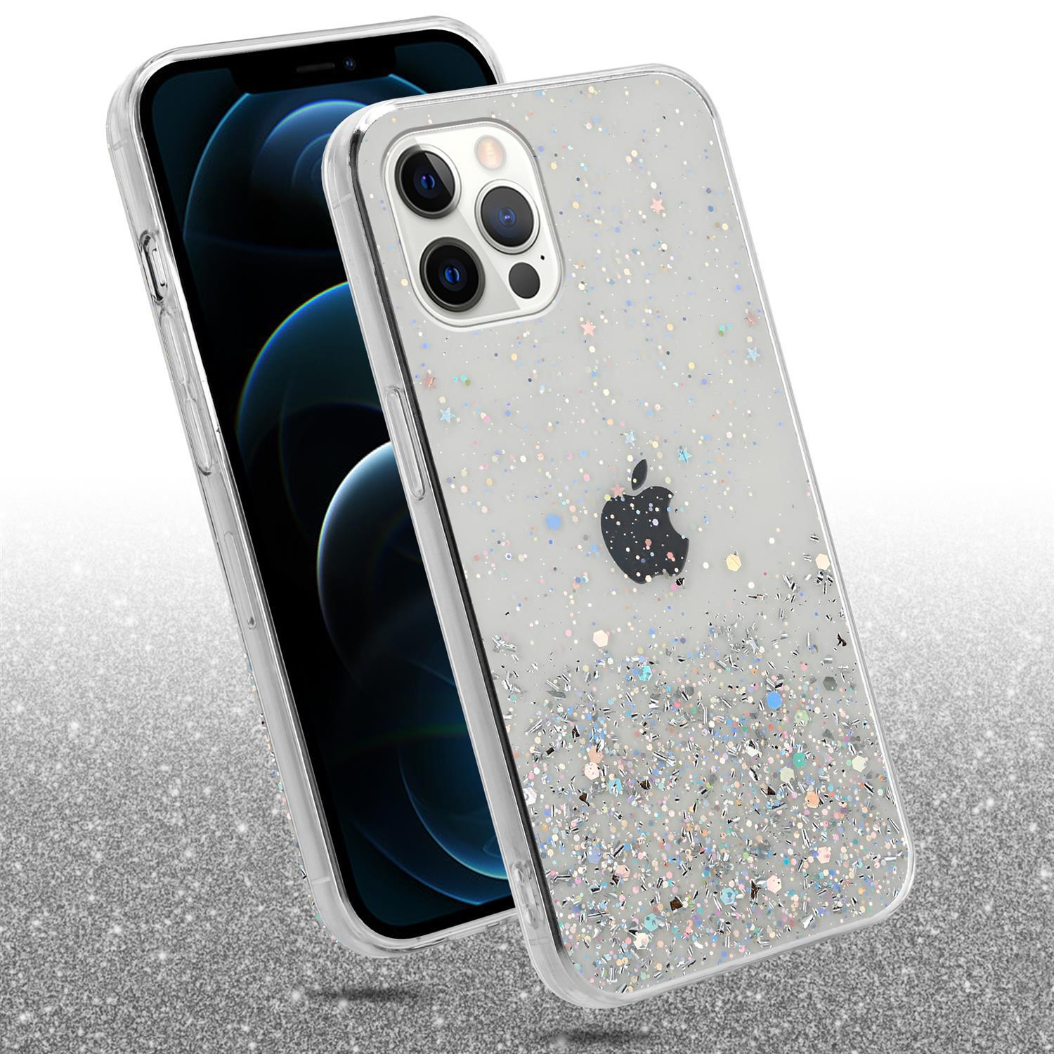Transparente Handyhülle mit Glitzer, auf silbernem Hintergrund. Apple-Logo sichtbar.