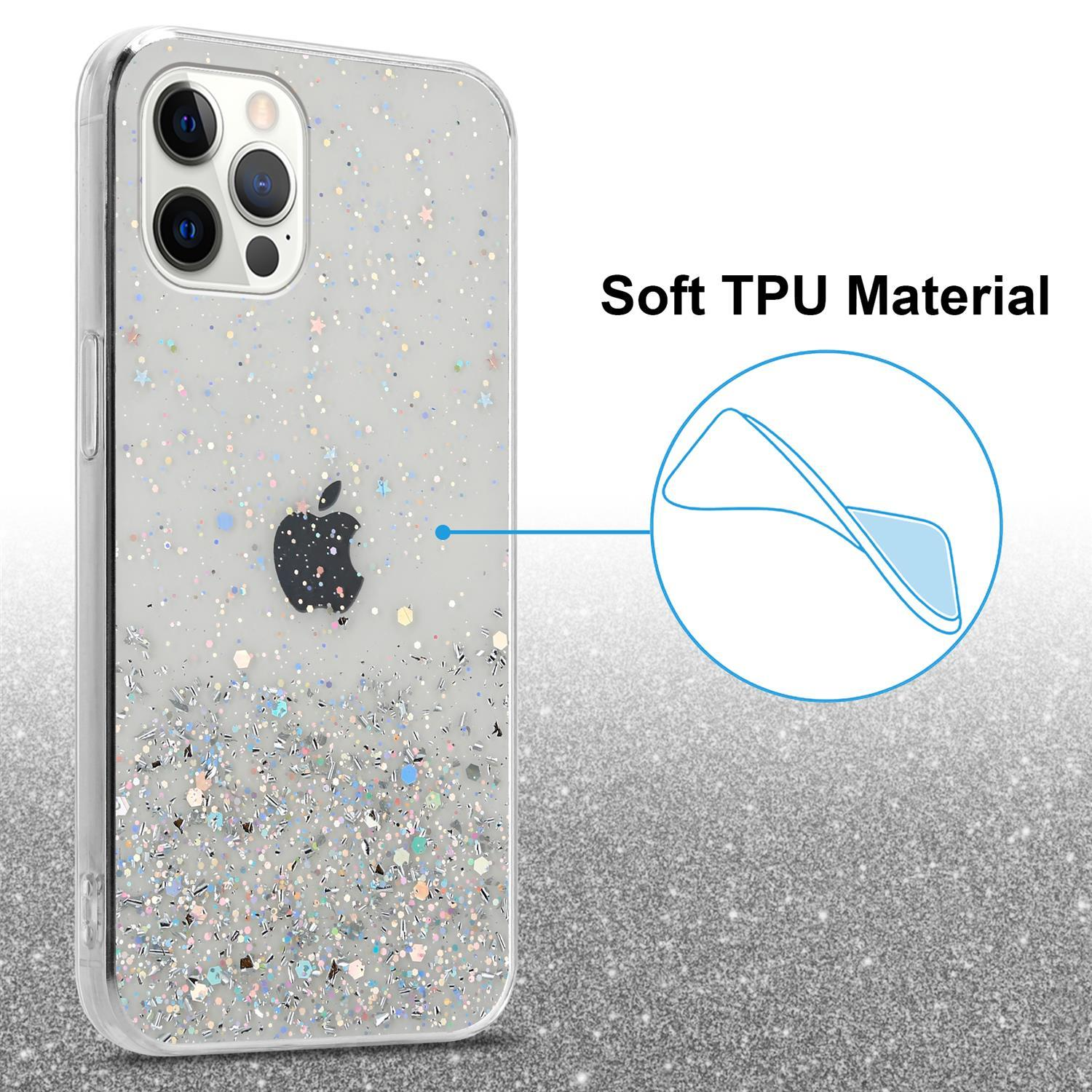 Transparente Handyhülle mit Glitzer. Apple-Logo. Text: Weiches TPU-Material. Glitzer und Funkeln.