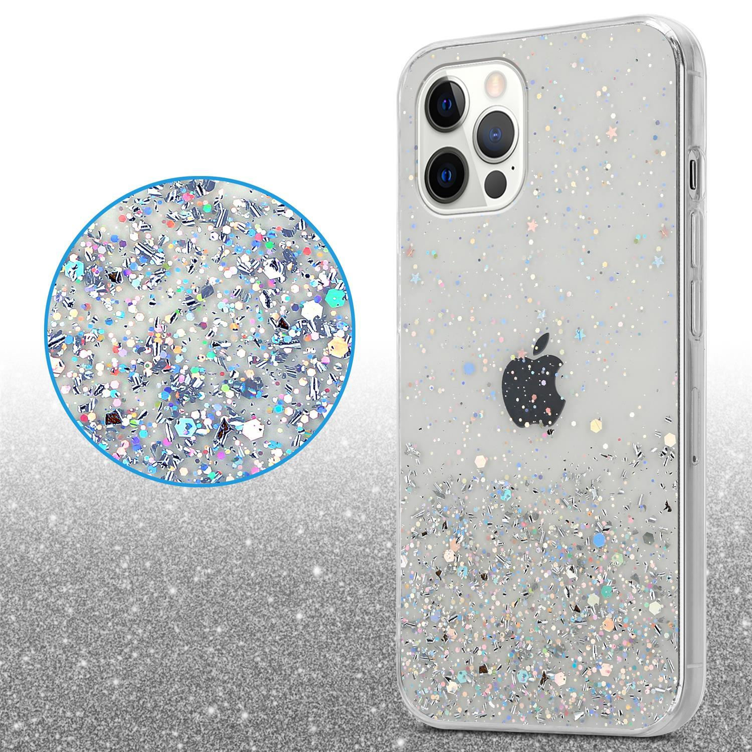 Transparente Handyhülle mit Glitzer und Apple-Logo. Die Hülle befindet sich auf weißem Hintergrund.
