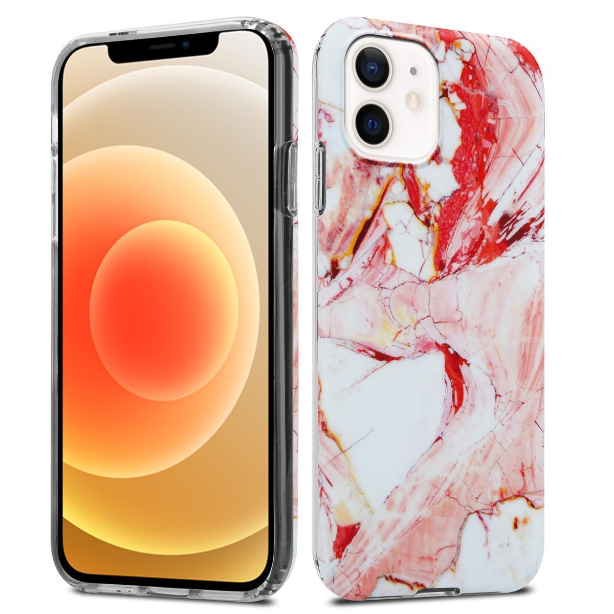 Zwei Handyhüllen, eine auf dem Telefon, eine daneben. Marmormuster mit roten Streifen.