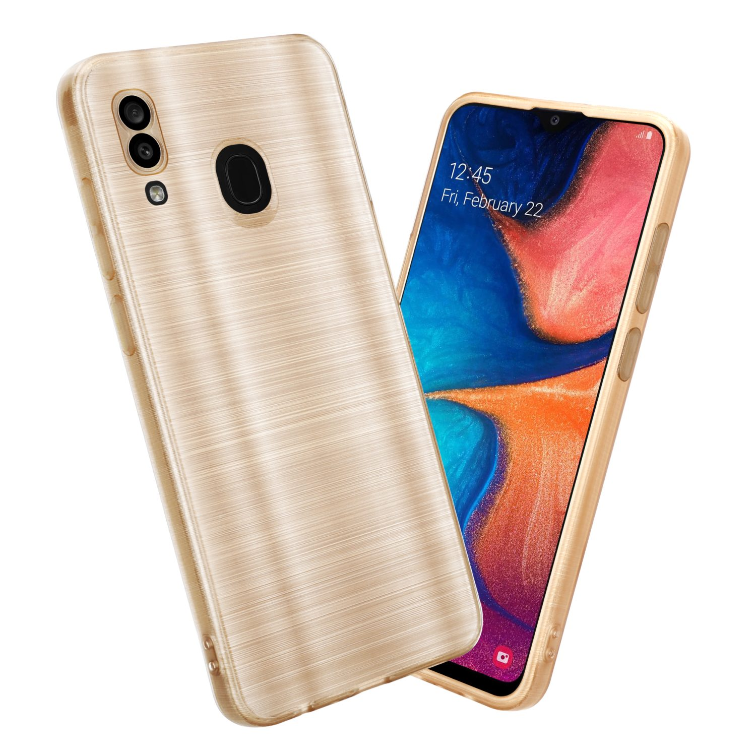 Una custodia per telefono con un design dorato e un telefono all'interno, appoggiato a uno sfondo bianco.