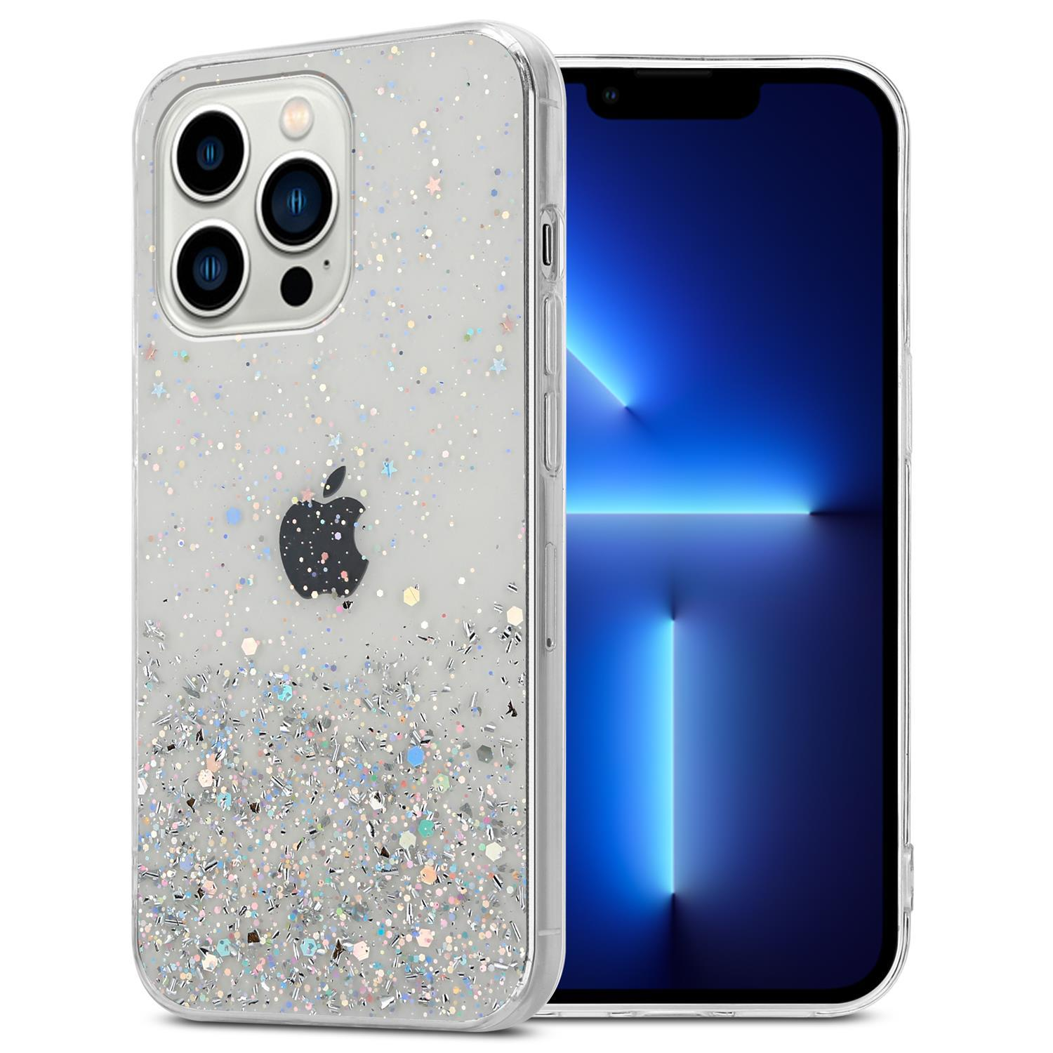 Transparente Glitzer-Handyhülle mit Telefon. Silbernes Apple-Logo sichtbar.