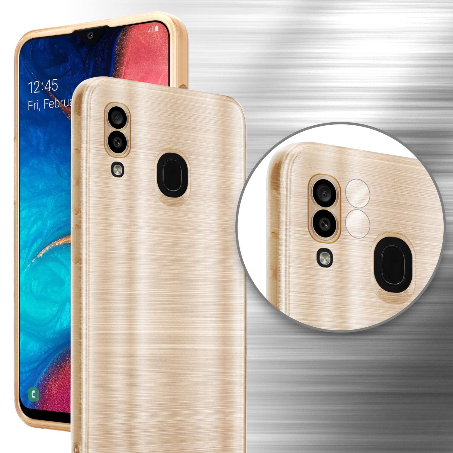 Custodia per telefono dorata spazzolata, vista posteriore e primo piano delle fotocamere.
