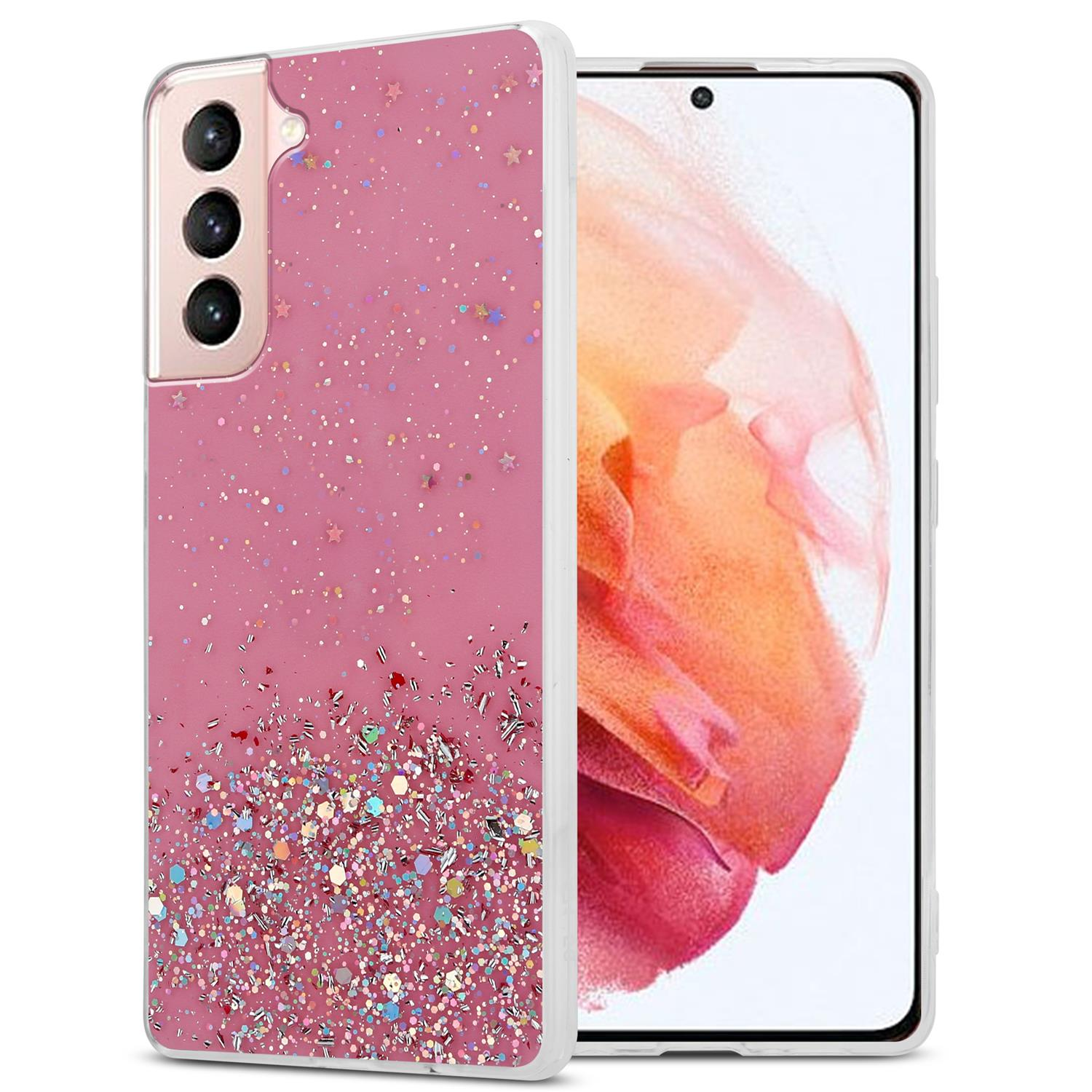 Rosa Handyhülle mit Glitzer. Telefon auf der rechten Seite.