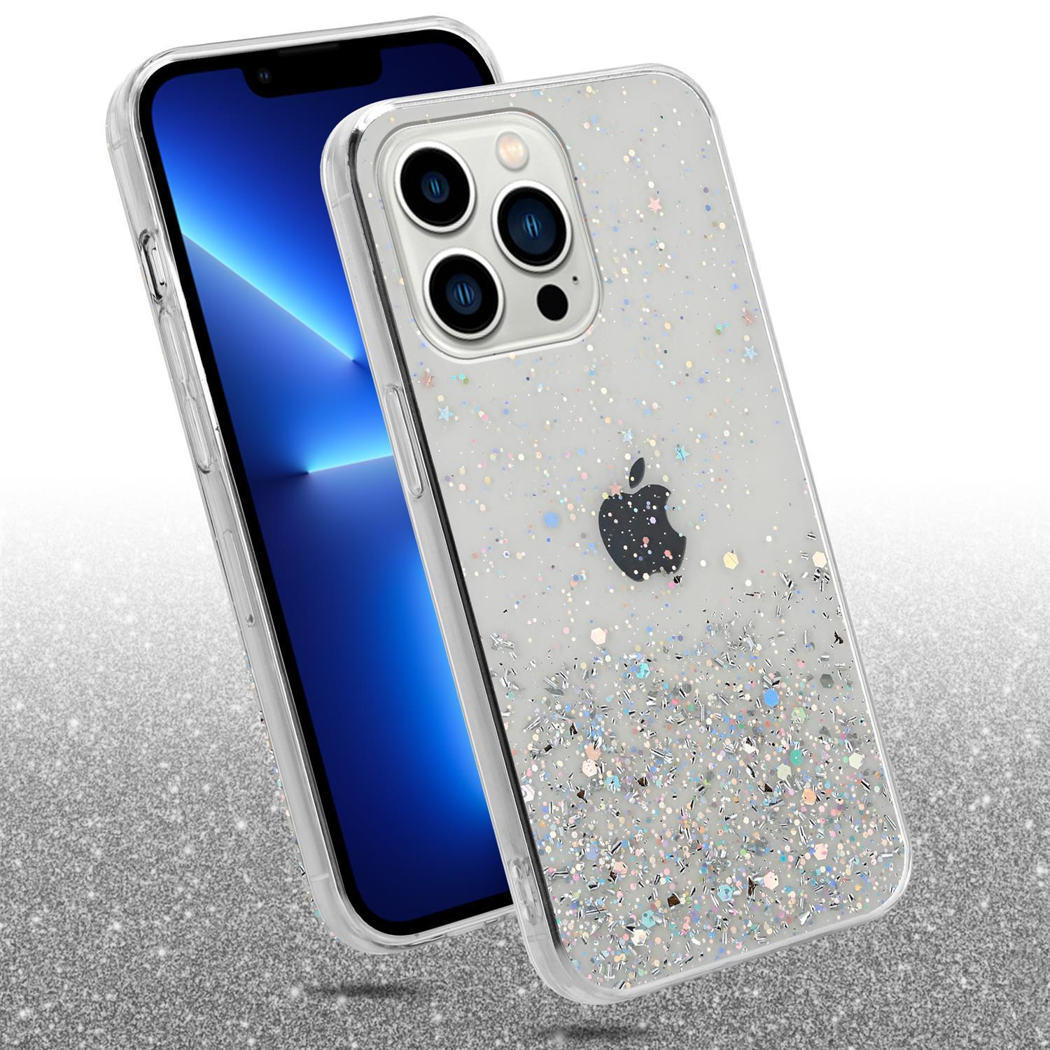 Transparente Glitzer-iPhone-Hülle mit Telefon. Silberner Glitzerhintergrund.