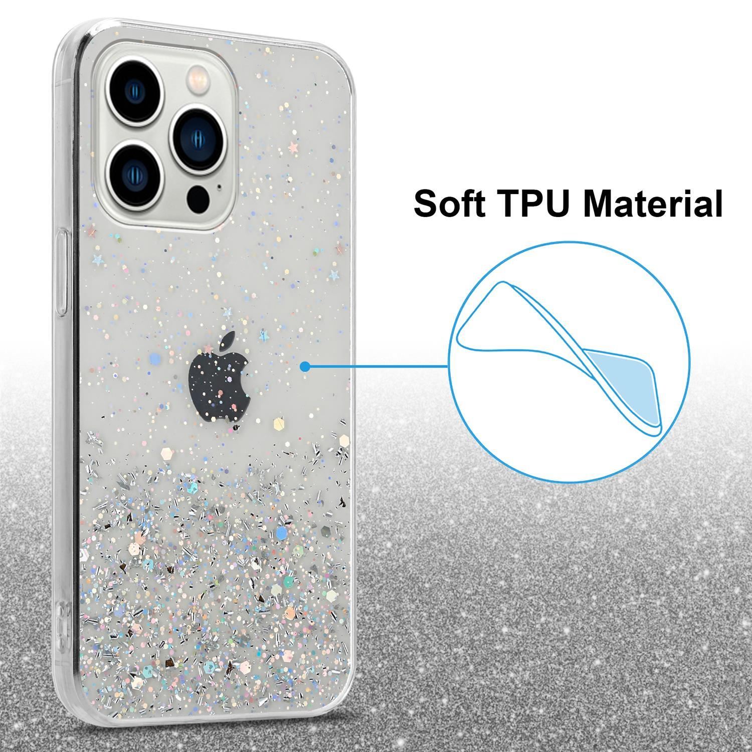 Transparente Handyhülle mit Glitzer und kleinem Apple-Logo. Text: 'Soft TPU Material'.