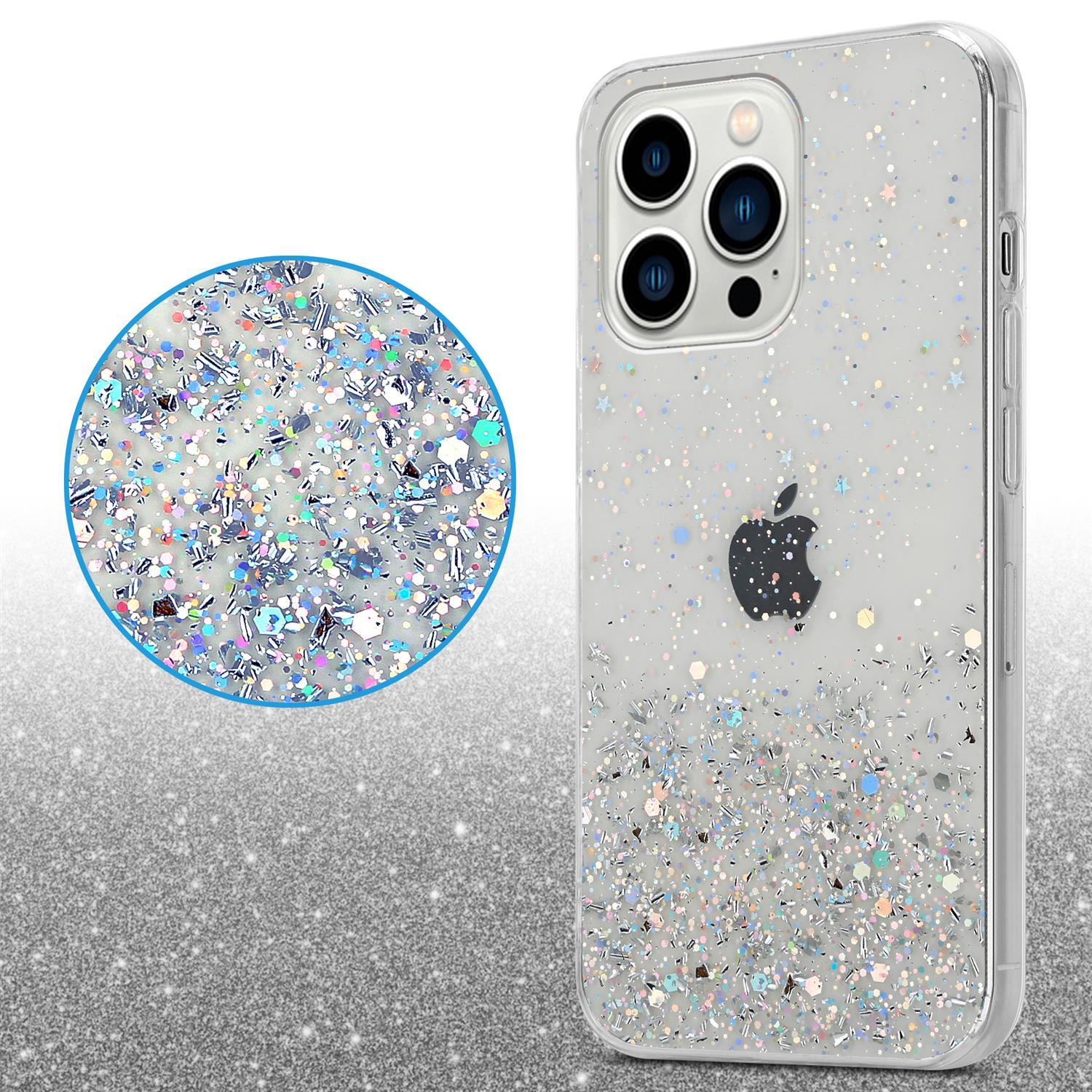 Glitzer-Handyhülle mit Glitzer und einem Kreis, auf Glitzer-Hintergrund. Ein Telefon ist in der Hülle.