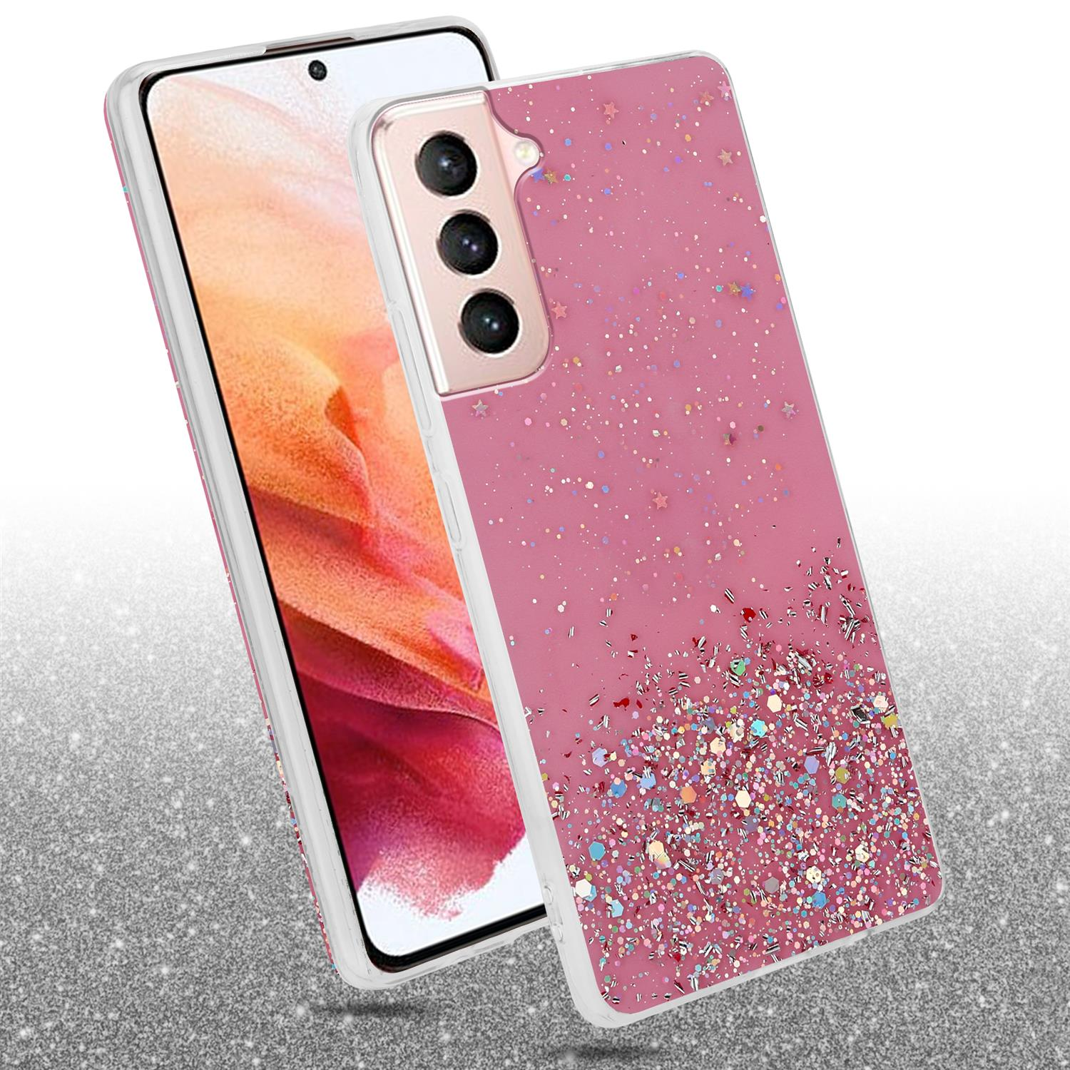 Rosa Glitzer-Handyhülle auf weißer Oberfläche. Telefon ist in der Hülle.