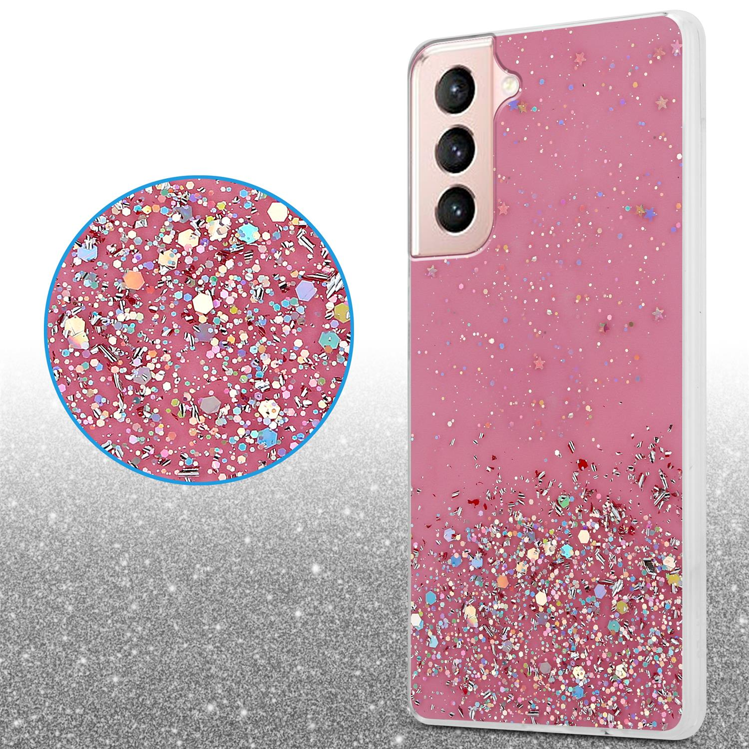 Rosa Handyhülle mit Glitzer. Nahaufnahme zeigt Glitzerdetail.