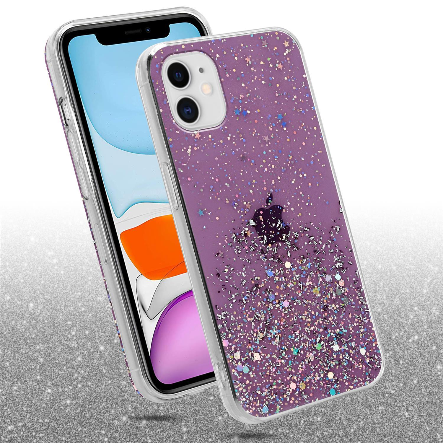 Lila Handyhülle mit Glitzer. Telefon ist innen. Weißer Hintergrund. Funkelt.