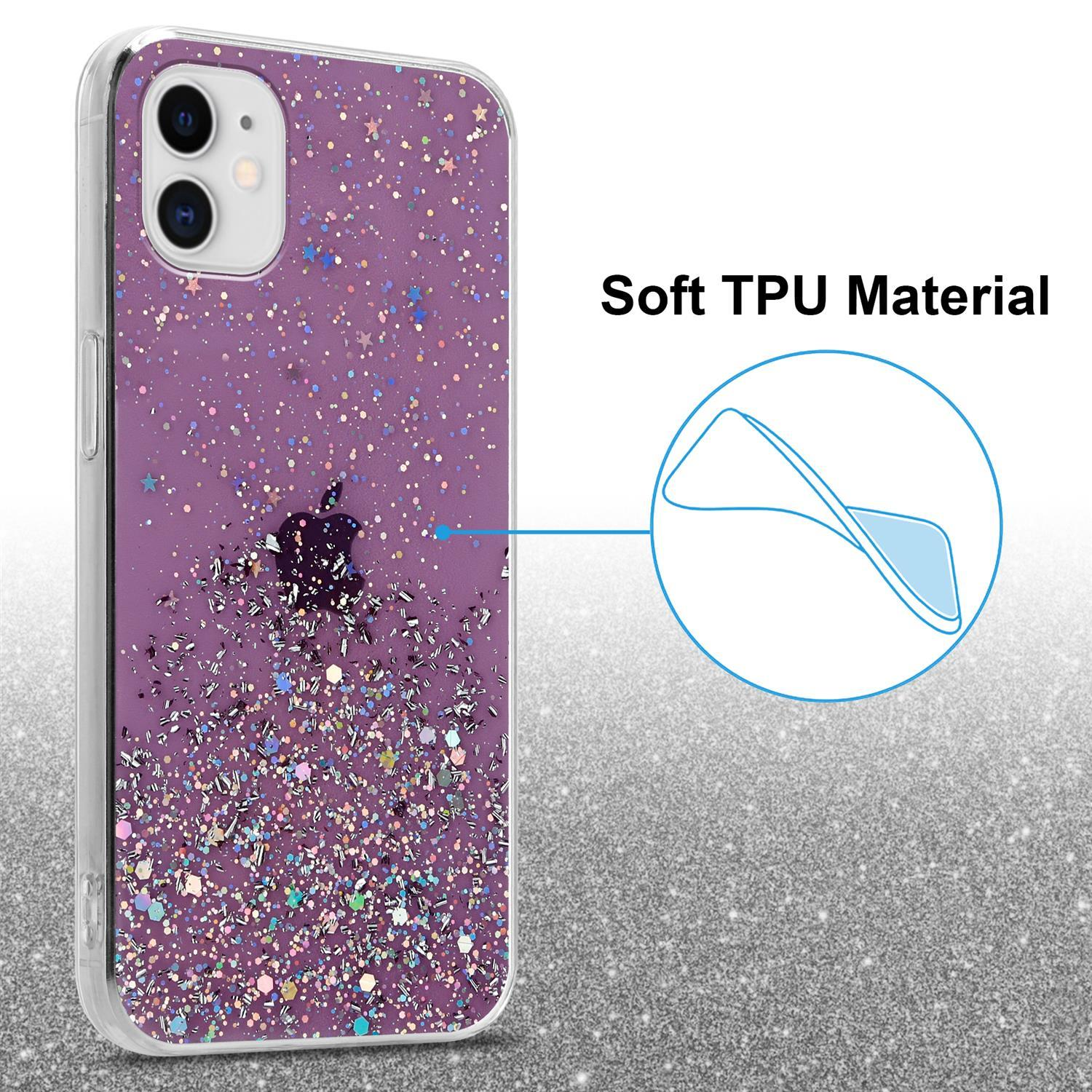 Eine transparente Handyhülle mit lila Glitzer. Text: Soft TPU Material. Blauer Kreis zeigt Material.
