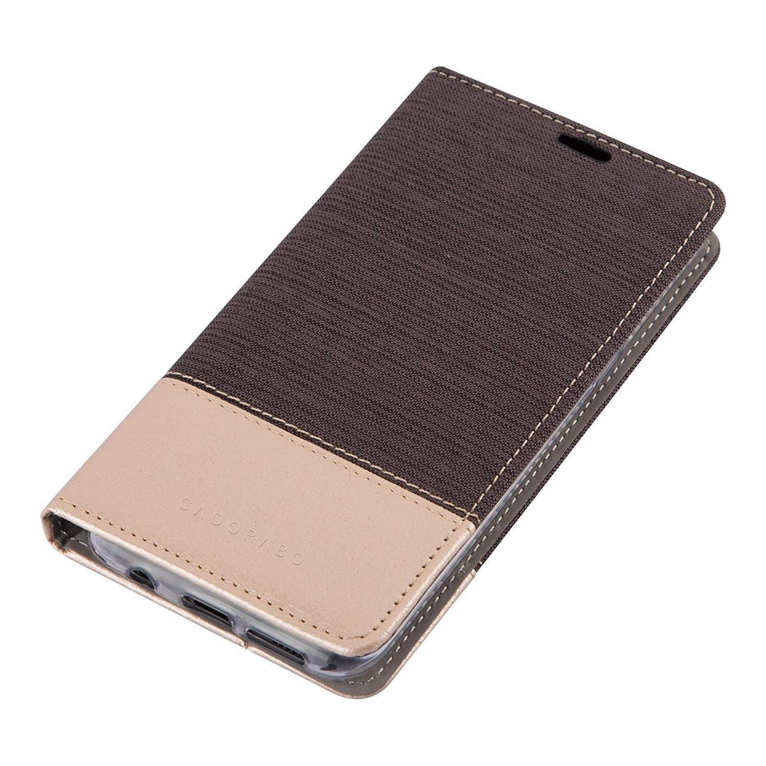 Braune und beige Handyhülle, geöffnet, um ein Telefon anzuzeigen.